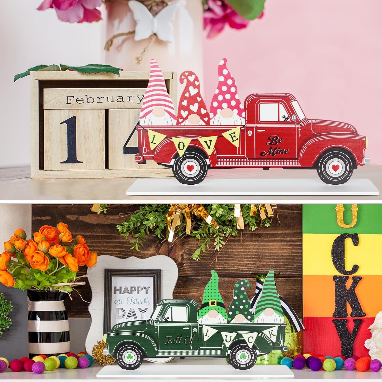 Valentines Day Decorations and St Patricks Day Decorations, Double-sided Festive Truck Wooden Sign, DEWBIN Gnomes Wood Block Valentine Decor, Valentines Day Decorations for the Home, Mantle, Table