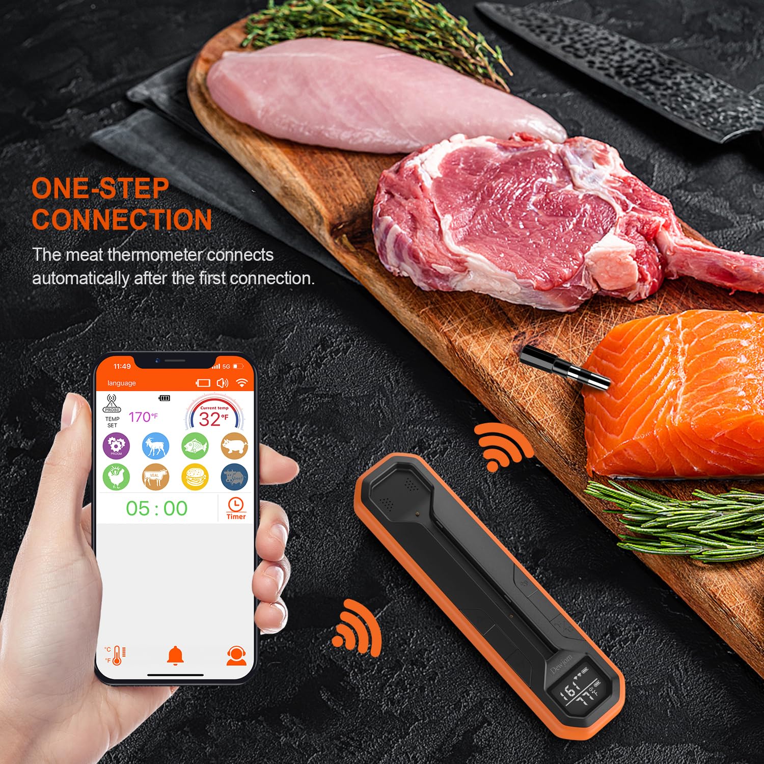 Dewjom Wireless Meat Thermometer – Digital Cooking Thermometer with Wireless Probe – 500Ft Remote Range Food Thermometer – with iOS & Android Read App -Preprogrammed Temperatures for BBQ, Oven, Grill