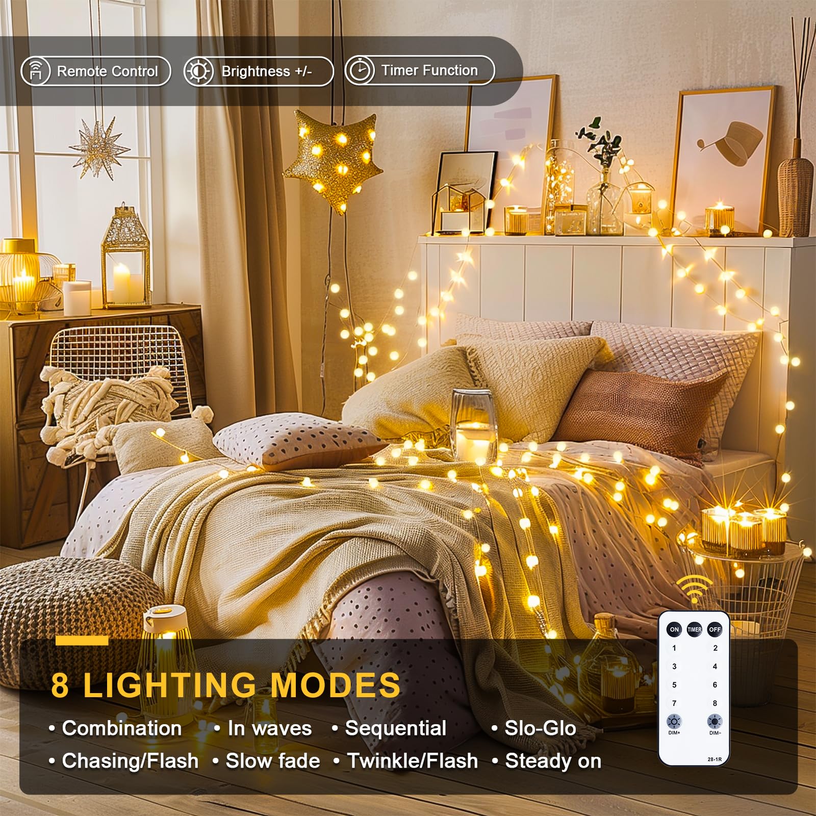 JMEXSUSS 100 LED Connectable Globe String Lights Indoor Bedroom, 33ft Warm White Christmas Lights with Remote Plug in, 8Mode Hanging Fairy Lights Outdoor Waterproof for Room Dorm Christmas Decorations