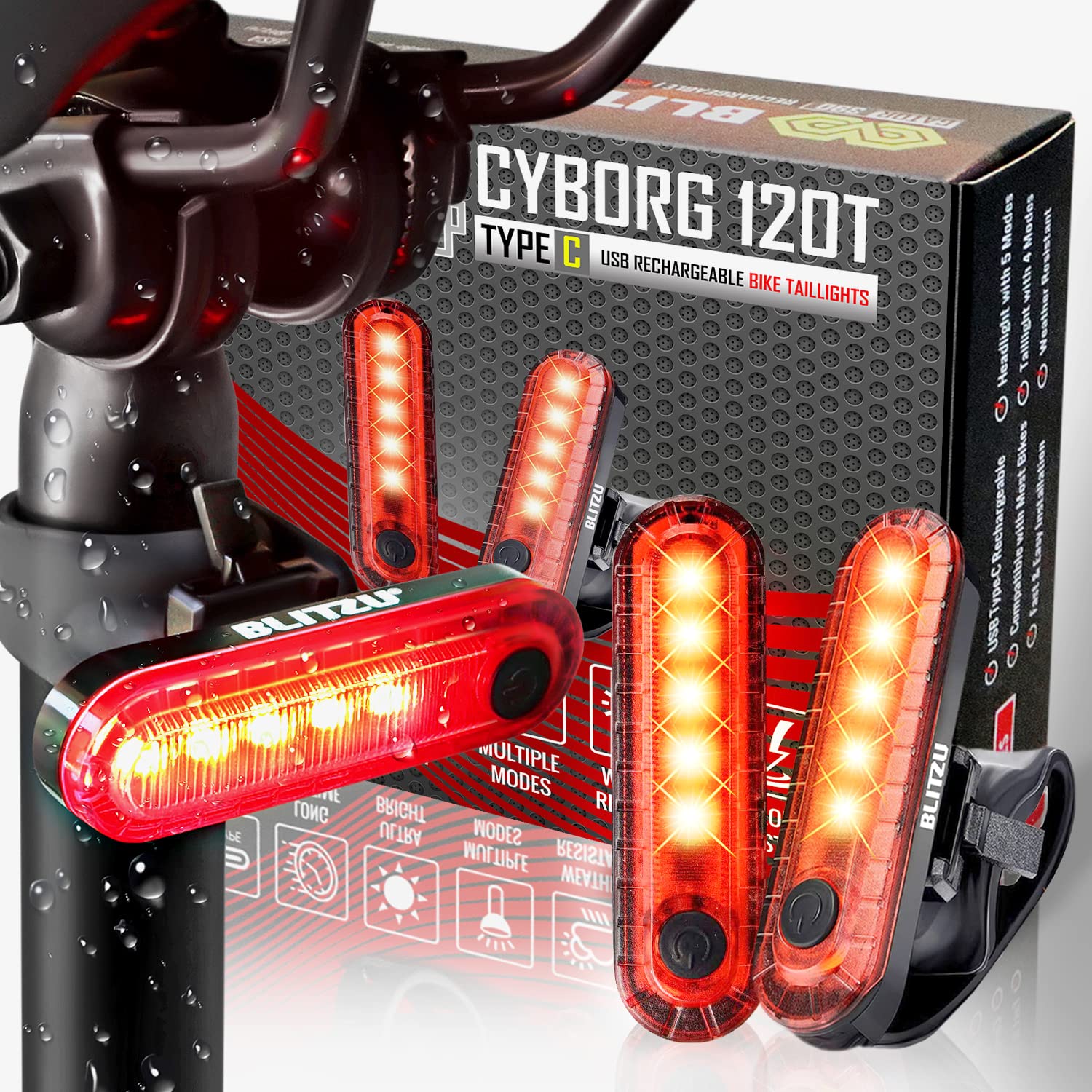 BLITZU USB-C Rechargeable Bike Tail Light 2 Pack, Bright Bicycle Rear Cycling Safety Flashlight Accessories for Night Riding, Cyborg 120T, 4 Light Modes for Adults Kids Men Women Road Mountain