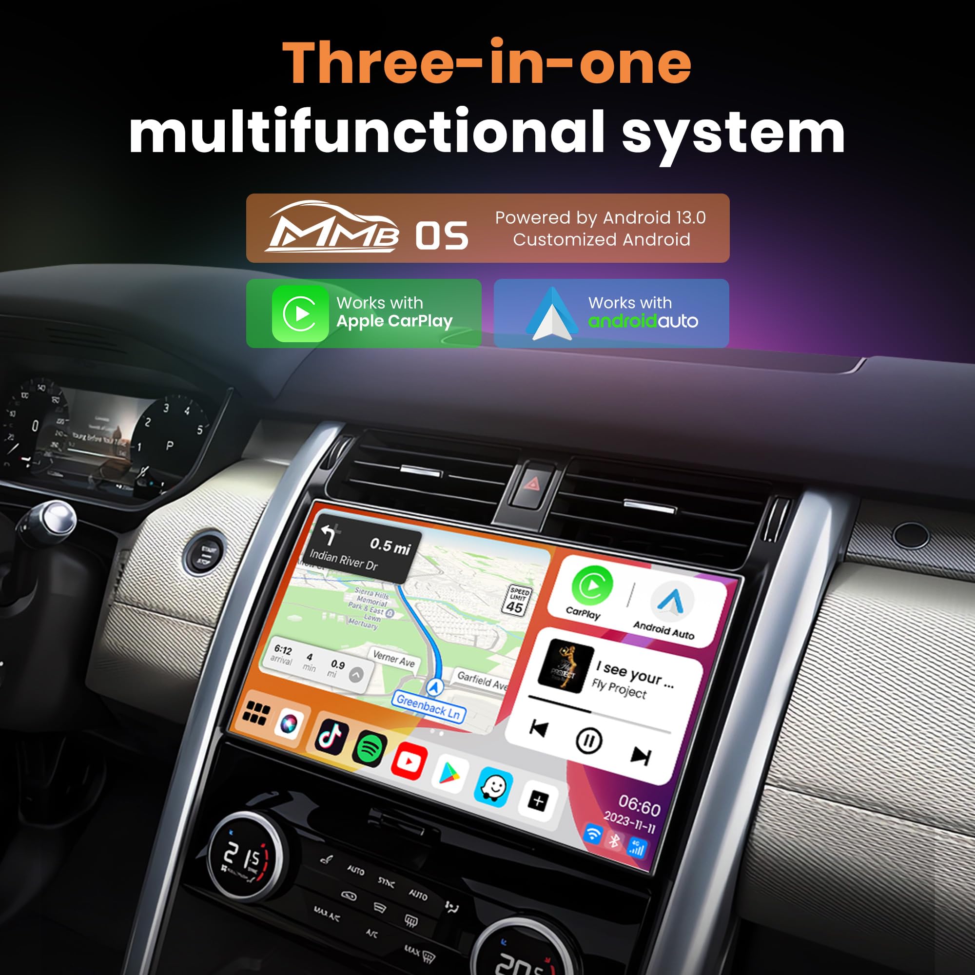 MMB MAX 5.0 CarPlay Box 2024 Newest Android 13.0 Multimedia Video Ai Box, QCM 6225 8-Core 8+128GB Online YouTube/Netflix/Google Store, Support SIM&TF Card Wireless CarPlay & Android Auto Adapter