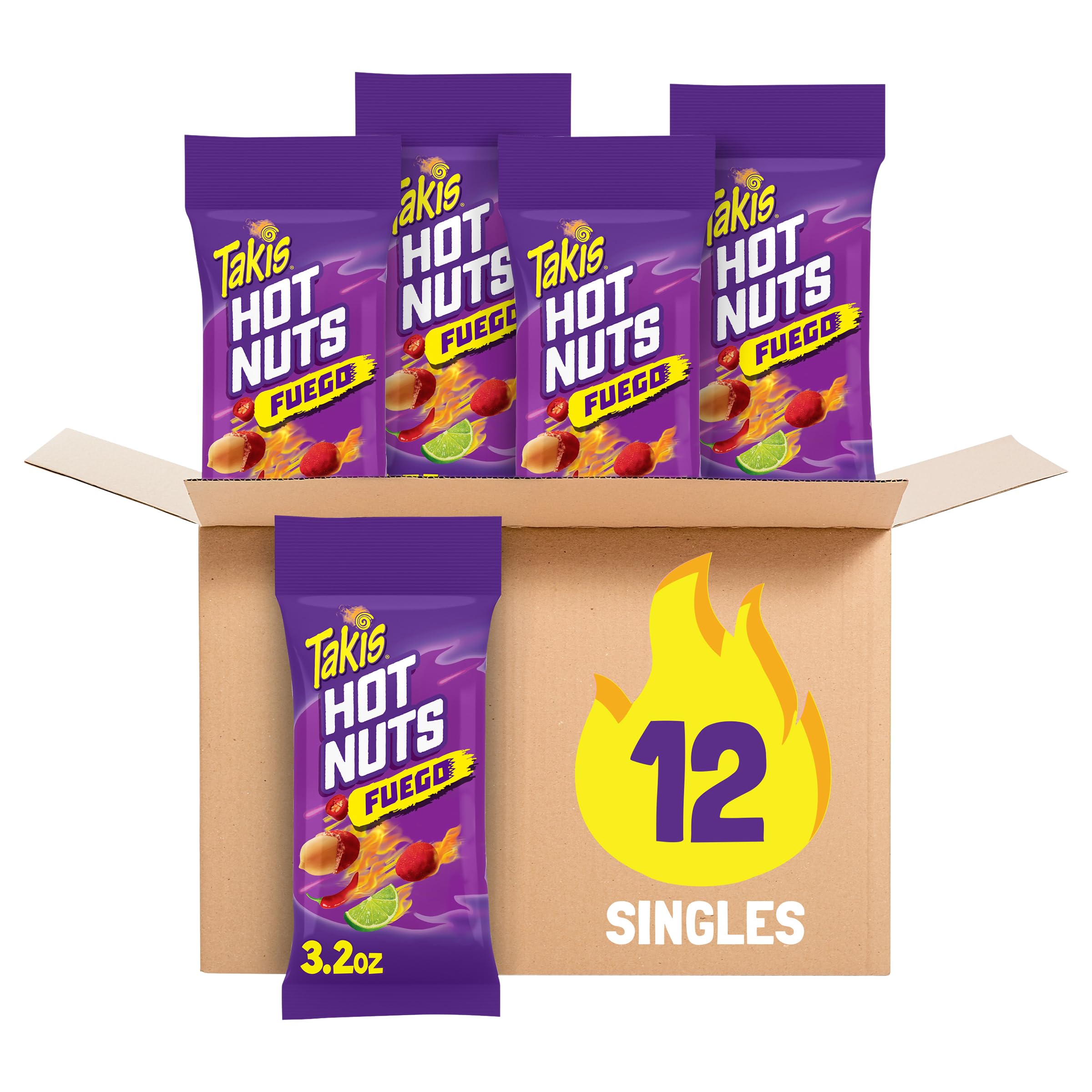 Takis Fuego Hot Nuts 12 pc / 3.2 oz Snack Size Box, Hot Chili Pepper & Lime Flavored Extreme Spicy Double-Crunch Peanuts