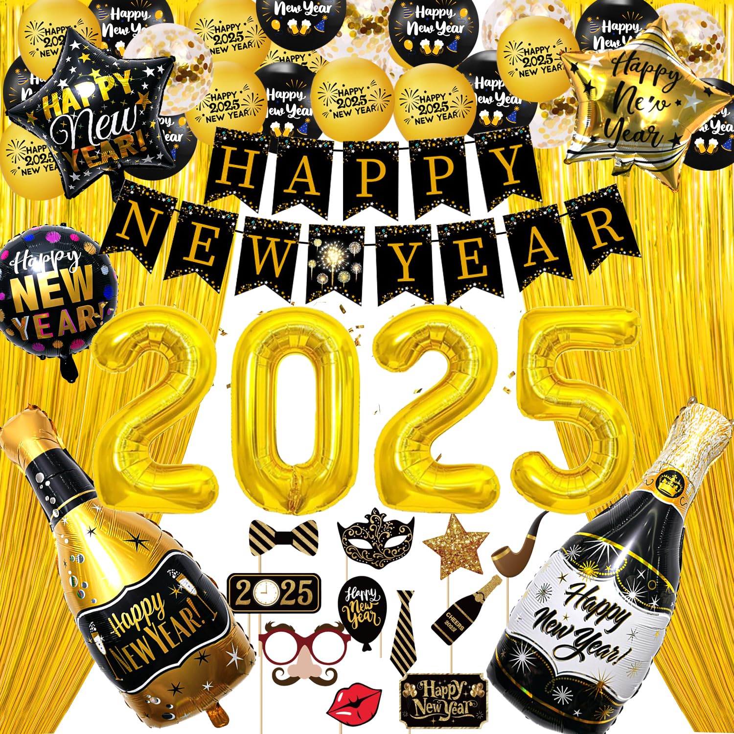 New Years Eve Party Supplies 2025,Champagne Bottle Balloons, Happy New Year Banner for Happy New Year Decorations 2025, New Years 2025 Balloons, Fringe Curtain for NYE Decorations 2025