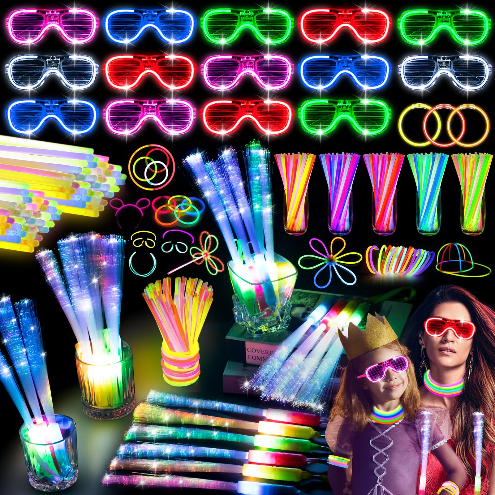 SHQDD138 PCS Glow in the Dark Party Supplies, 24 PCS Glow Fiber Optic Wands, 14 PCS LED Glasses and 100PCS Glow Sticks Bracelets, Neon Party Favors for Glow Party, Wedding, Concert, Raves Birthday