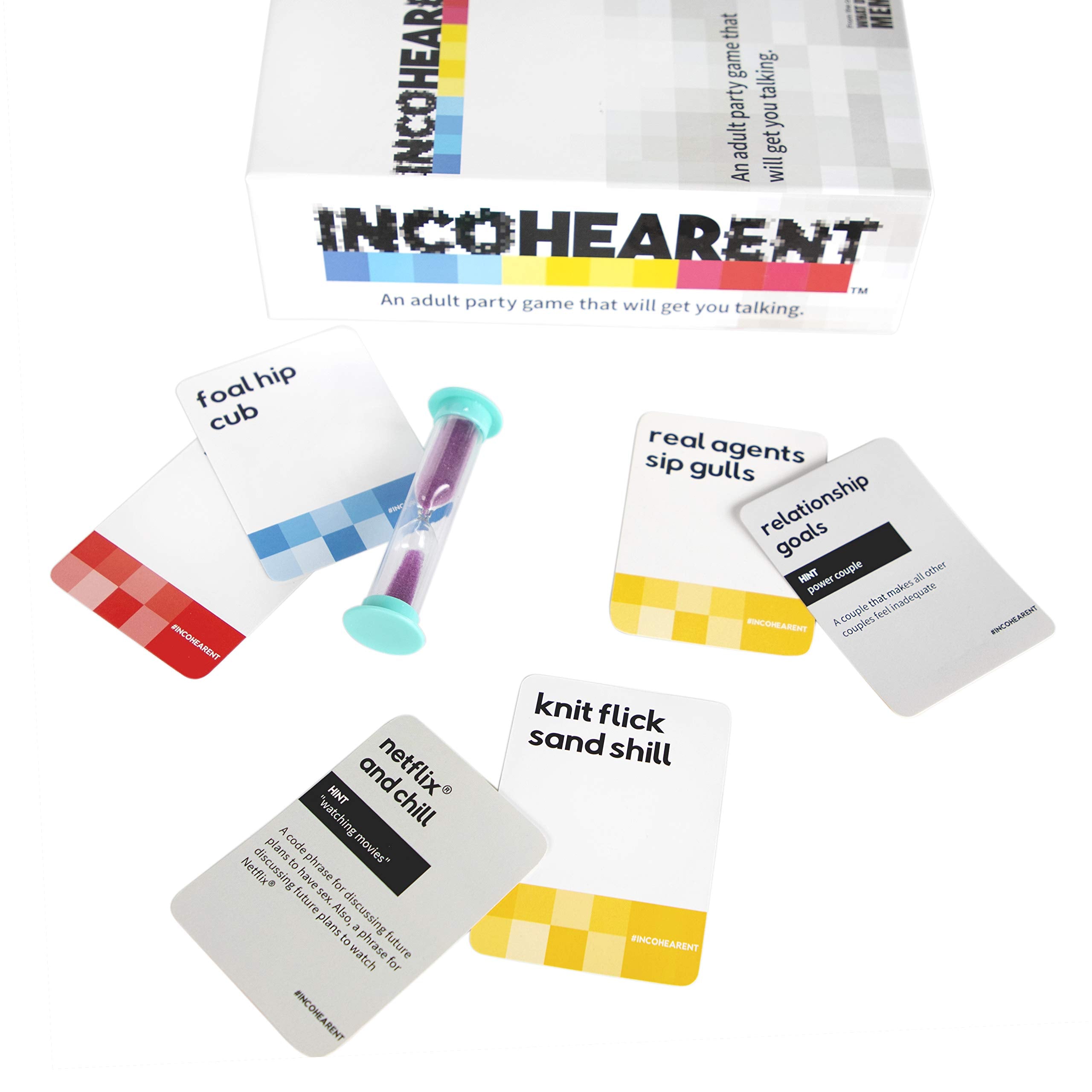 Incohearent, The Guess the Gibberish Party Game by Relatable, A Funny Card Game for Adults, Great for Christmas Party Games and Hanukkah Gifts, Includes 400 Cards, Instructions, and 1 Sand Timer