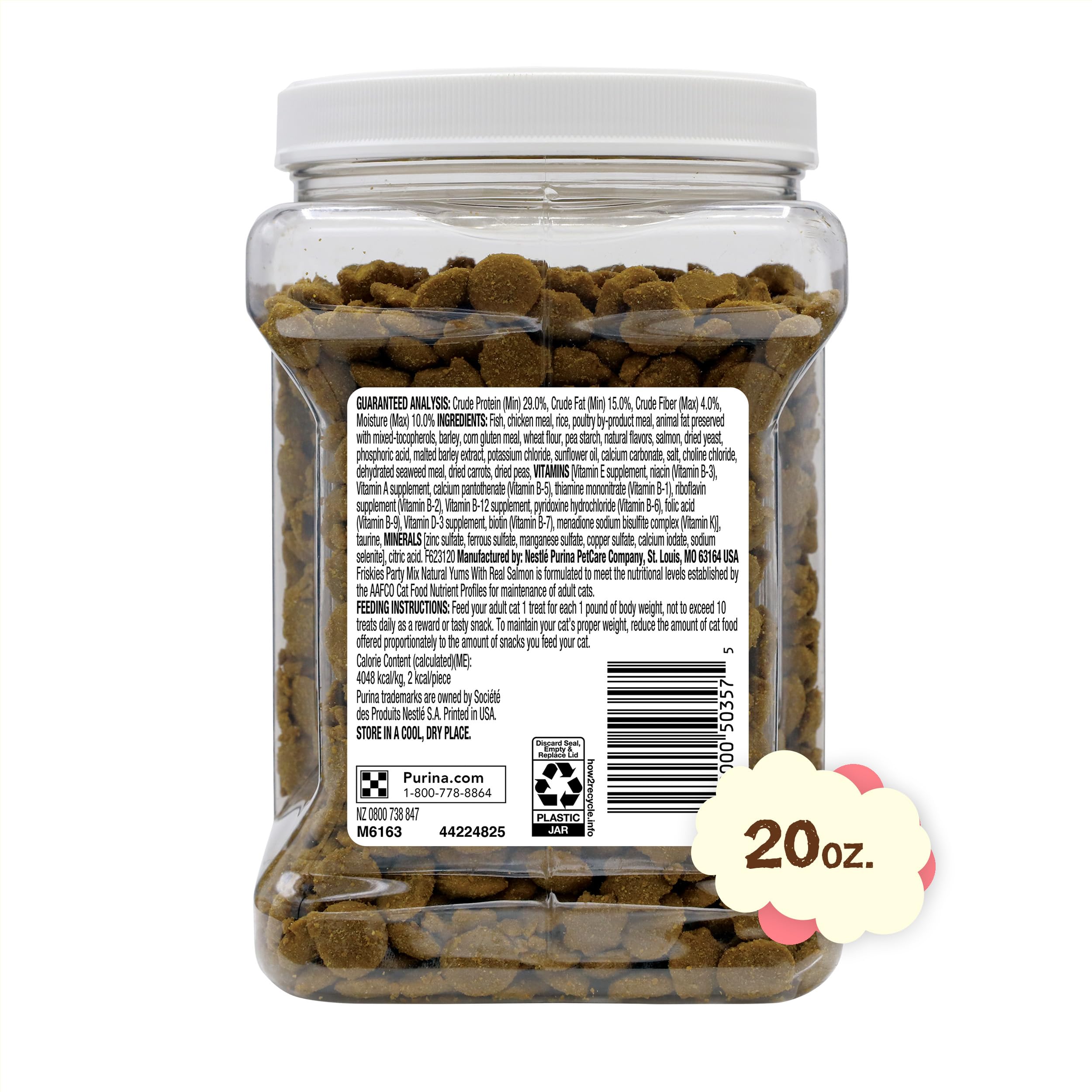 Purina Friskies Natural Cat Treats Party Mix Natural Yums With Real Salmon and Added Vitamins, Minerals and Nutrients - 20 Oz. Canister