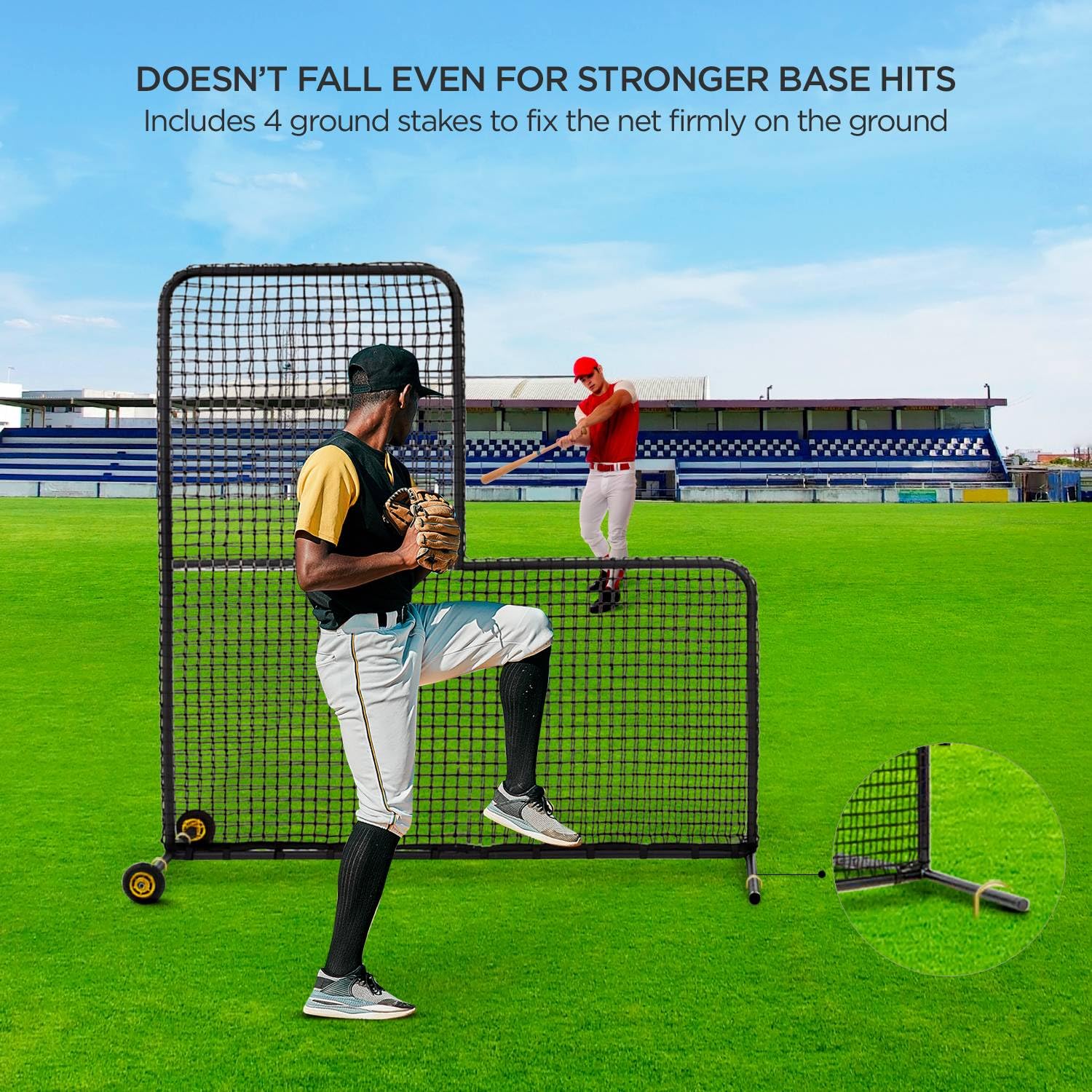 L Screen Baseball for Batting Cage Pitching Screen Portable 7x7 ft Protector Net with Rubber Wheels and Training Ball