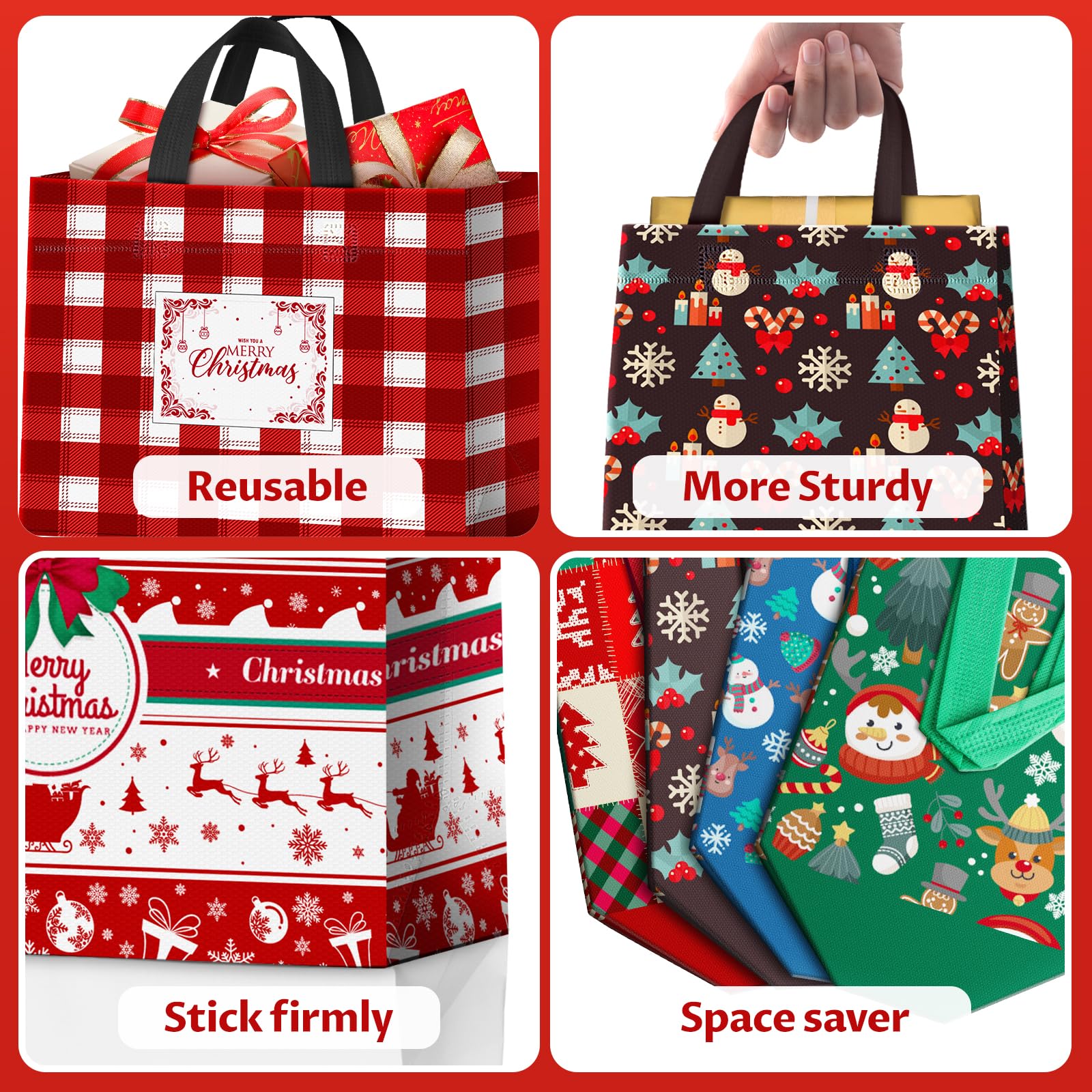 BlessedSeason 20 Pack Christmas Gift Bags Assorted Sizes, Reusable Tote Bags with Handle, Includes 4 Large 8 Medium 8 Small Christmas Goodie Bags for Her He, for Xmas Celebration Gift