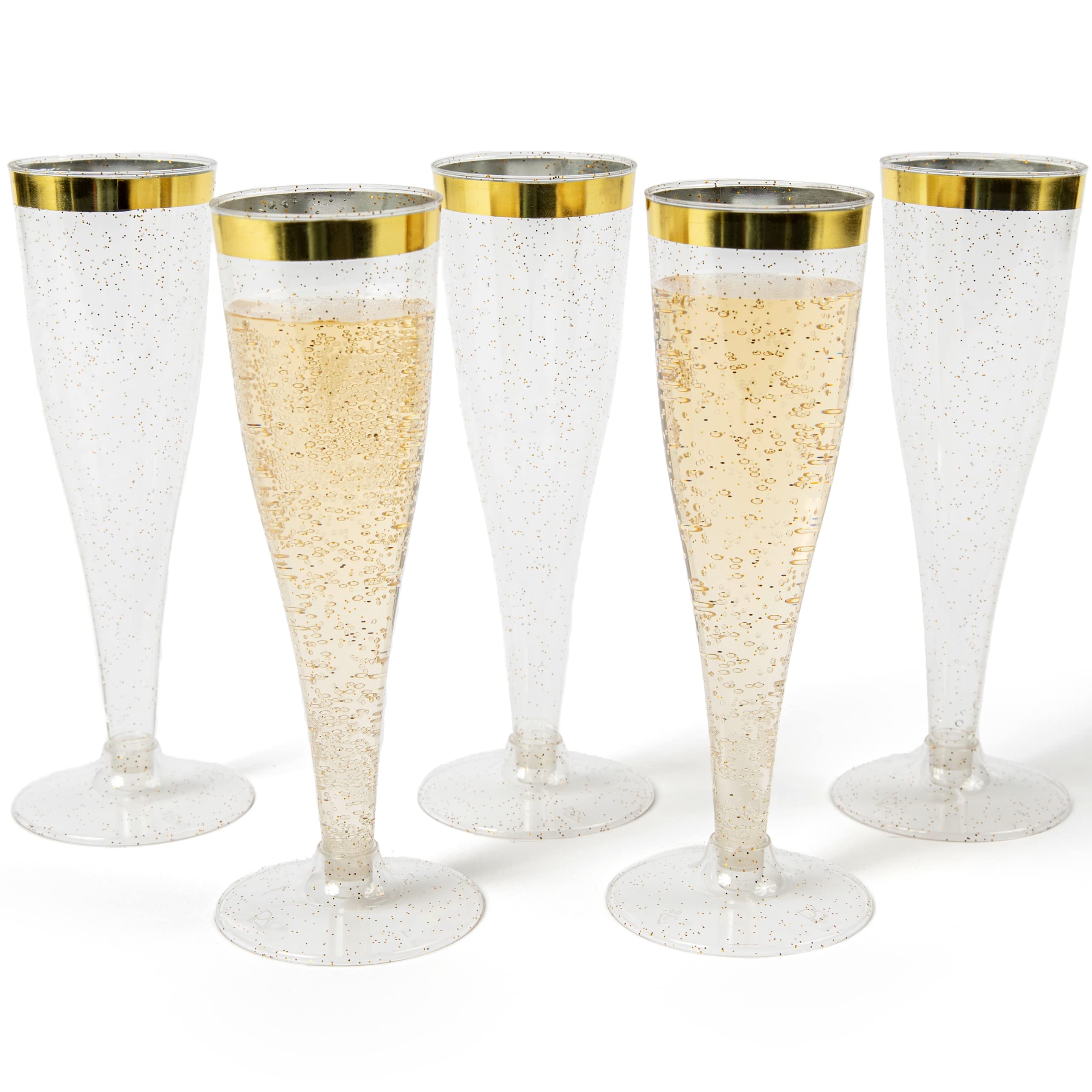 Prestee 24 Champagne Flutes Disposable - Gold Rim Glitter Plastic Cups for Parties - Toasting Glasses - 4.5 oz - Mimosa Bar Supplies - Engagement Party Decorations, New Year's Eve Celebrations