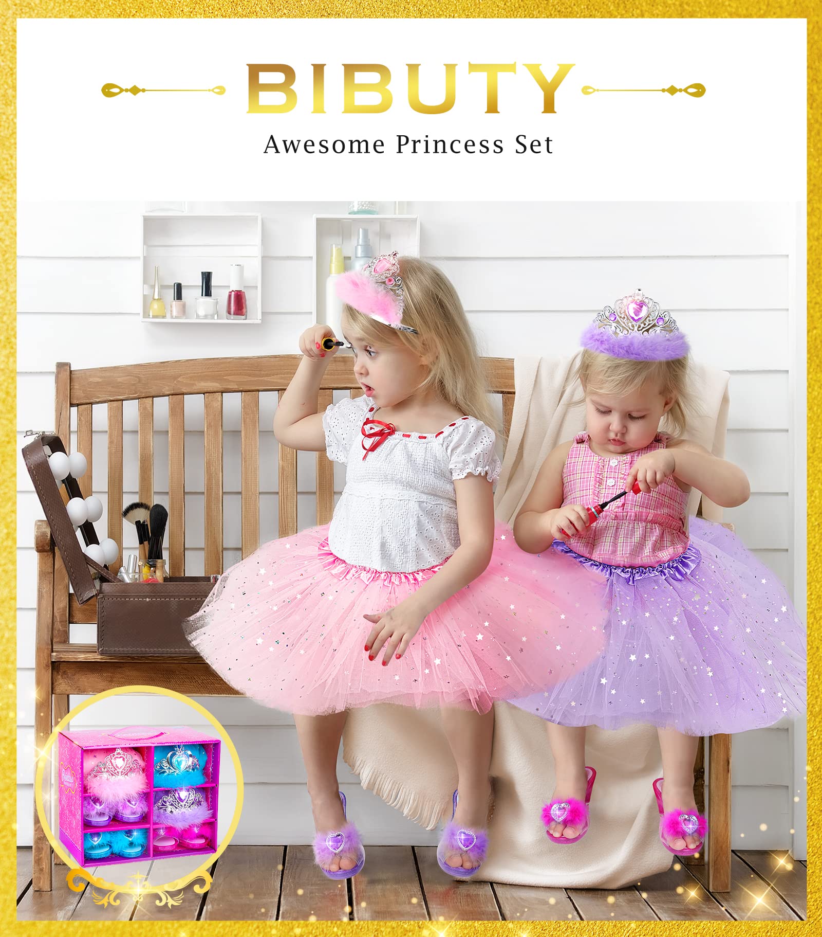 BIBUTY Princess Dress Up Shoes , Dress Up Clothes Pretend Play Costumes-3 Sets of Princess Shoes, Dresses and Crowns, Princess Accessory Toys for 3-6 yr Girl Birthday Gifts