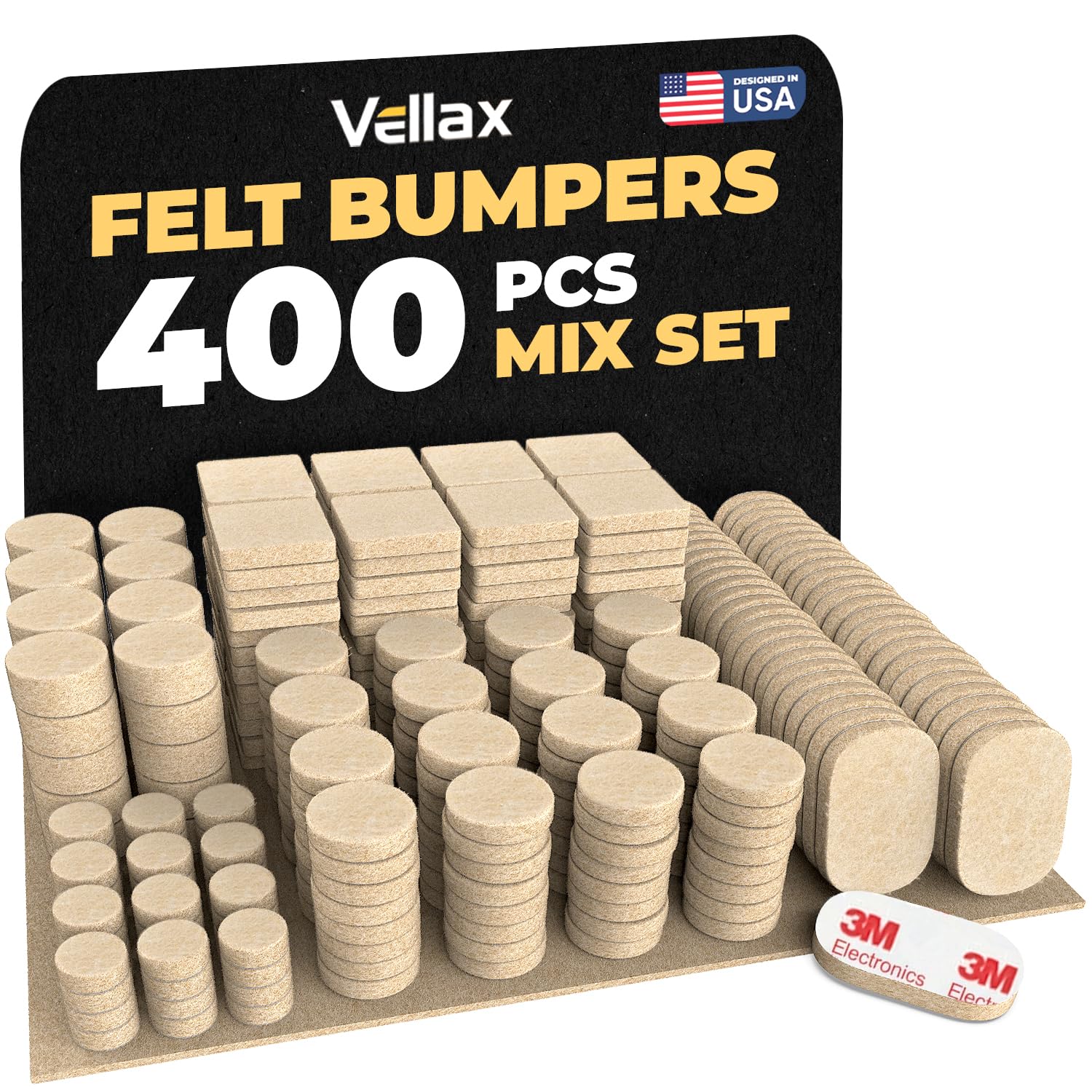 400 Pcs Cabinet Door Felt Bumpers – 5-Shape Mixed Set, Beige Self-Adhesive Pads for Quiet Closing – Sound Dampening Protection for Cabinets, Drawers, Furniture & Walls – Vellax