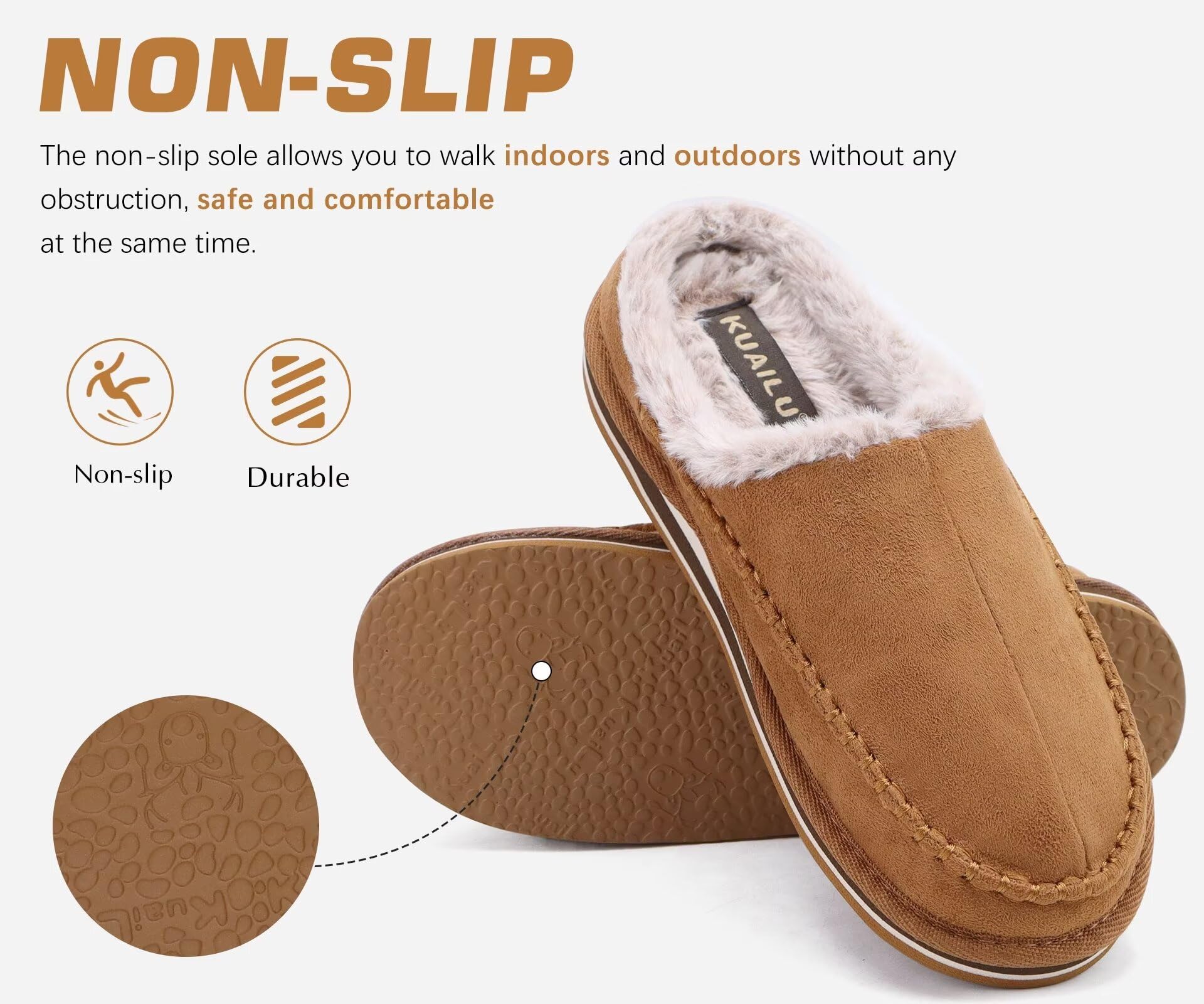 KuaiLu Mens Slippers with Orthotic Arch Support Suede Faux Fur Fluff Plush Wool-like Warm House Shoes Comfortable Slip-on Bedroom Indoor Outdoor Clogs Slippers for Man, Size Khaki 13