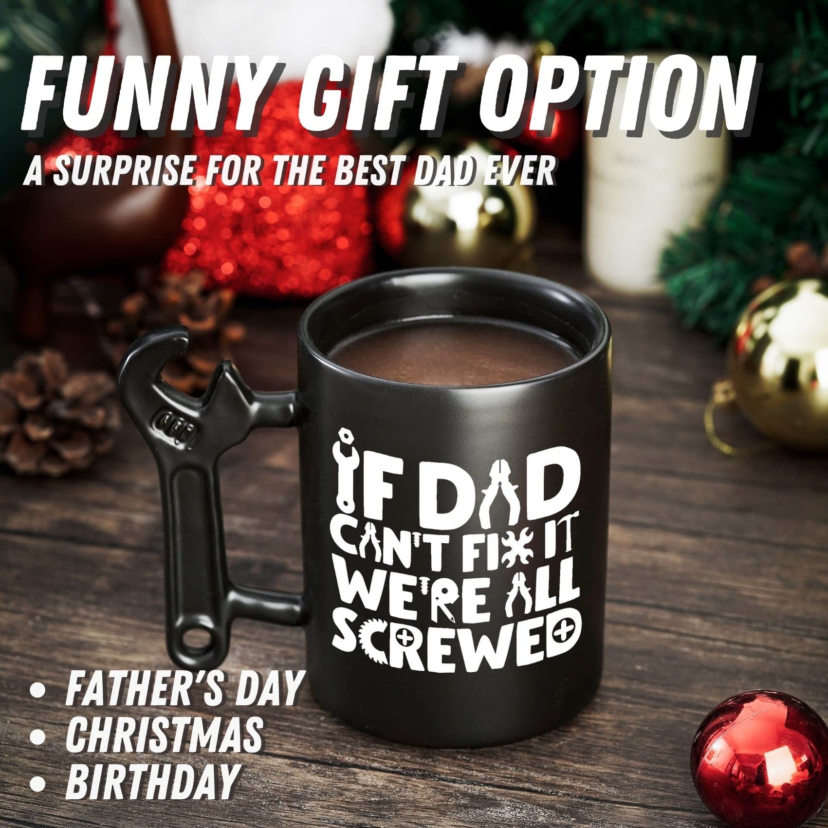 Onebttl Dad Gifts Coffee Mug with Wrench Spanner Handle, Gifts for Dad from Daughter and Son, 13.5oz Funny Ceramic Mug for Father on Birthday, Father's Day, Christmas - Dad Can Fix