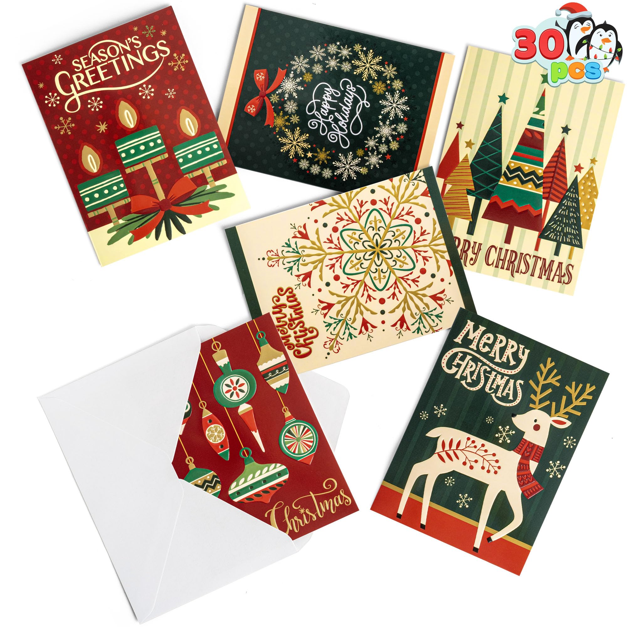 JOYIN 30 PCS Boxed Christmas Cards Assortment Elegant Icons With Envelopes, Diverse Festive 6 Designs for Winter Holiday Xmas Season Merry Christmas Cards, Present Giving, Wintertime Gifts Cards