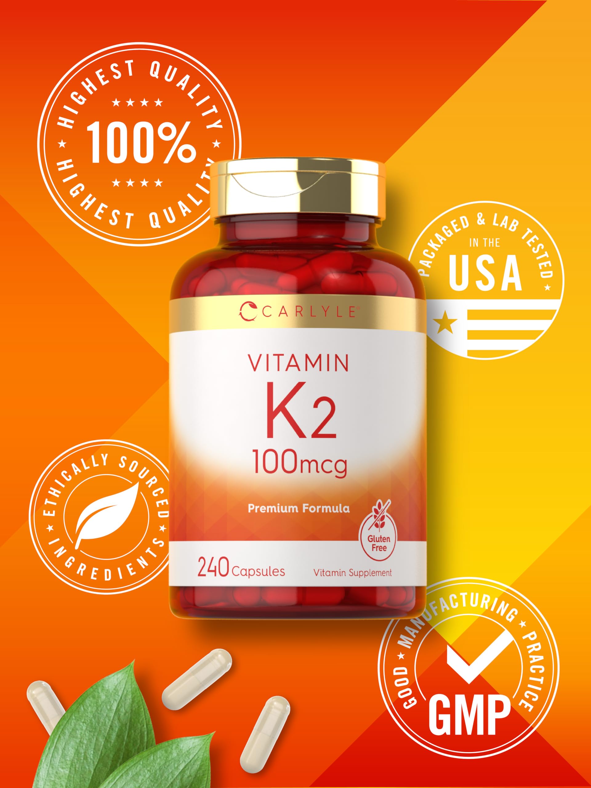 Carlyle Vitamin K2 Supplement 100 mcg | K2 MK-4 | 240 Capsules | Non-GMO & Gluten Free