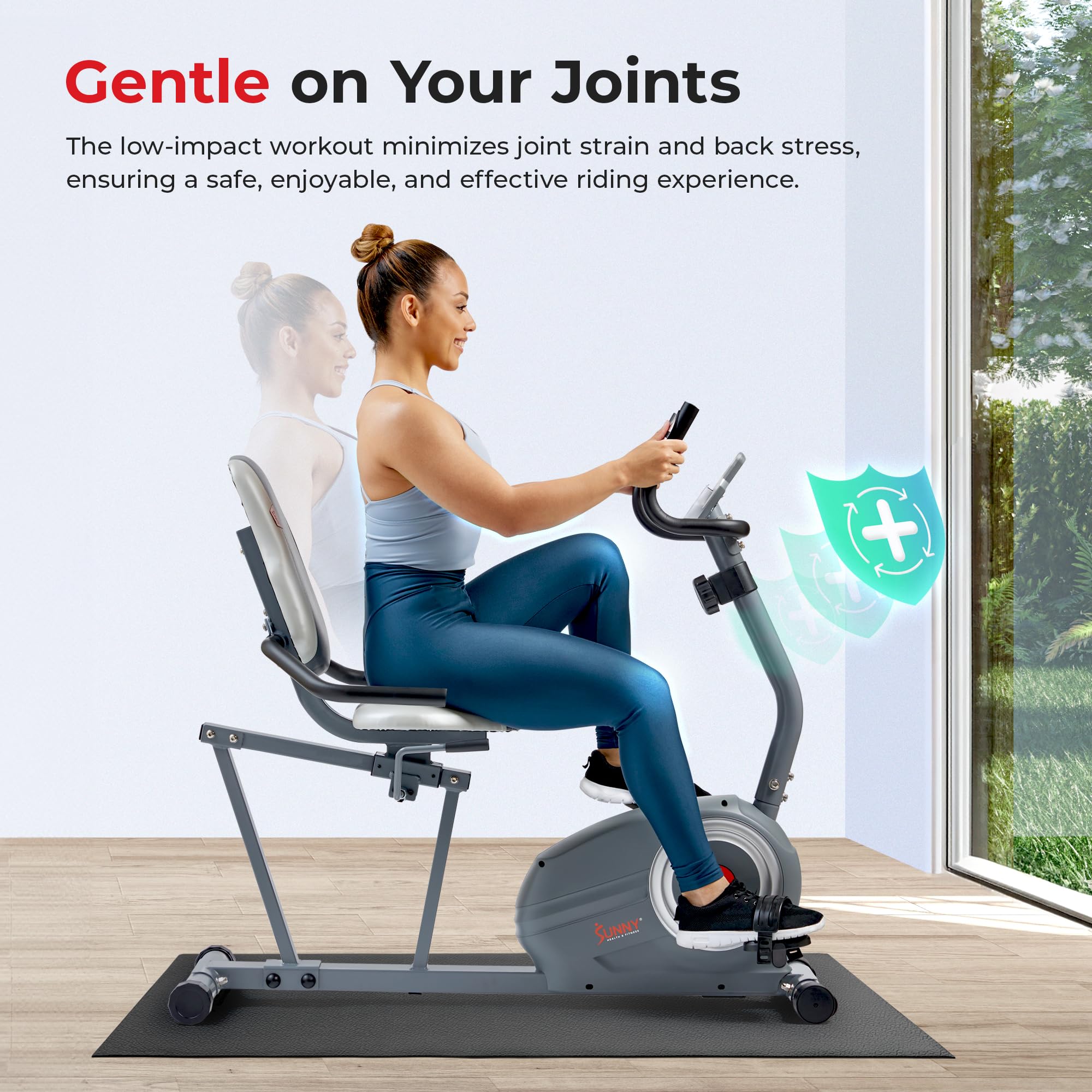 Sunny Health & Fitness Essentials Series Magnetic Smart Recumbent Bike with Exclusive SunnyFit App Enhanced Bluetooth Connectivity – SF-RB422003