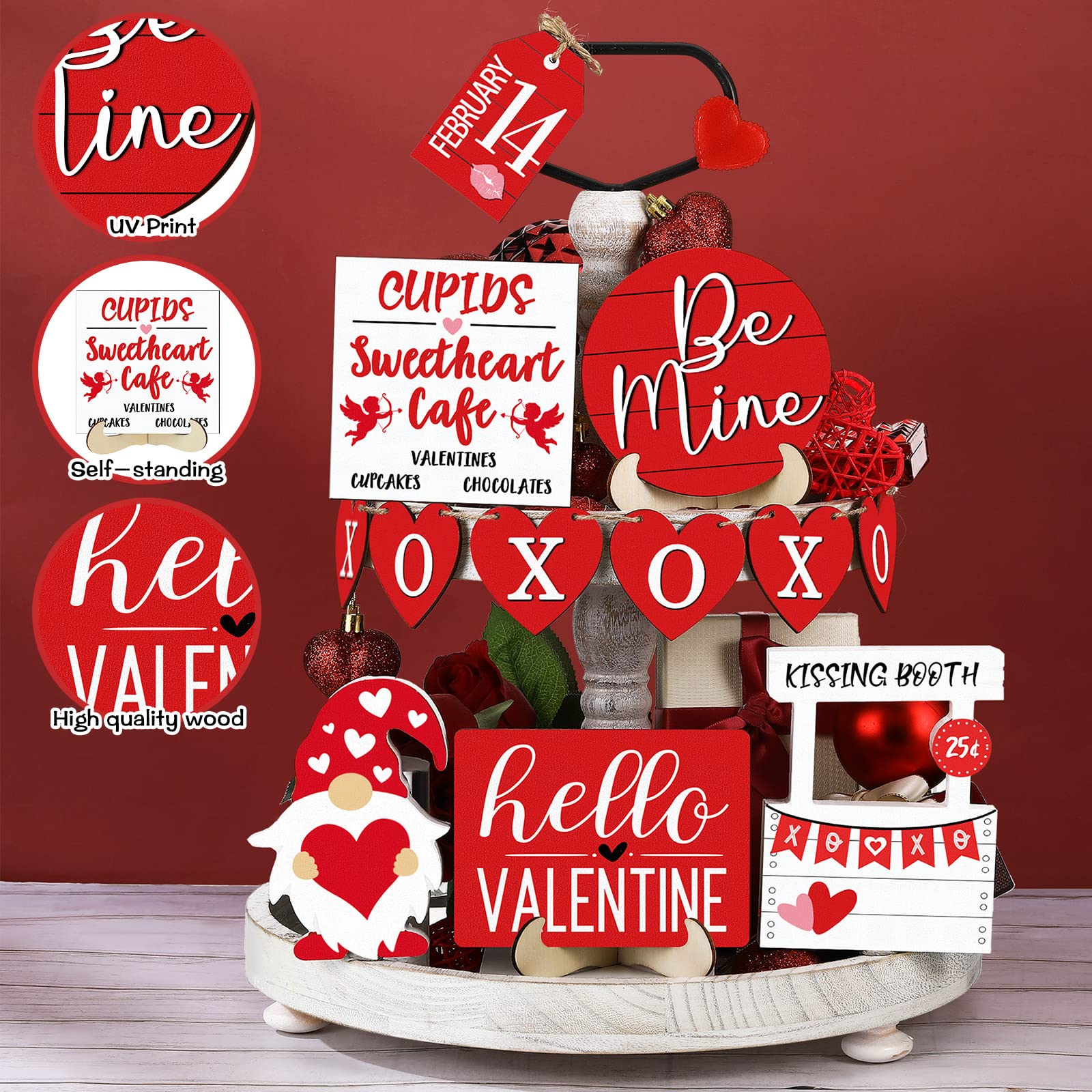 Jetec 12 Pcs Valentine's Day Tiered Tray Decor Set Valentines Heart Wood Sign Gnome Truck Rustic Farmhouse Tray Signs Table Decor for Romantic Valentine's Day Home Kitchen (Heart)