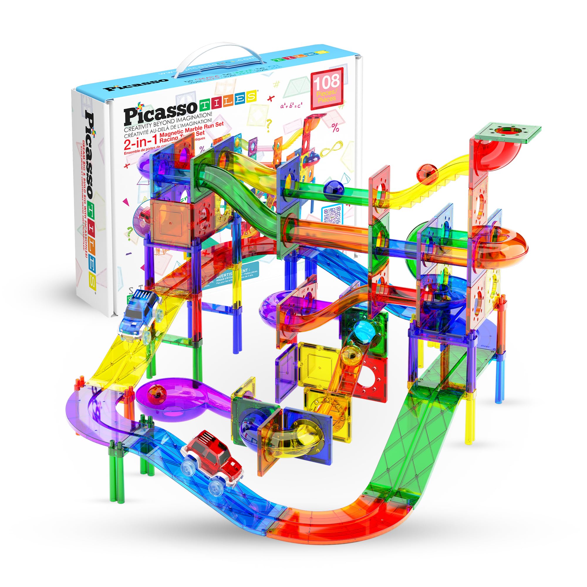 PicassoTiles 108pc 3-in-1 Marble Run Car Race Track Combo Magnetic Tiles PicassoToys Magnet Building Block Educational Construction Toy Playset STEM STEAM Learning Kit Child Brain Development PTG108