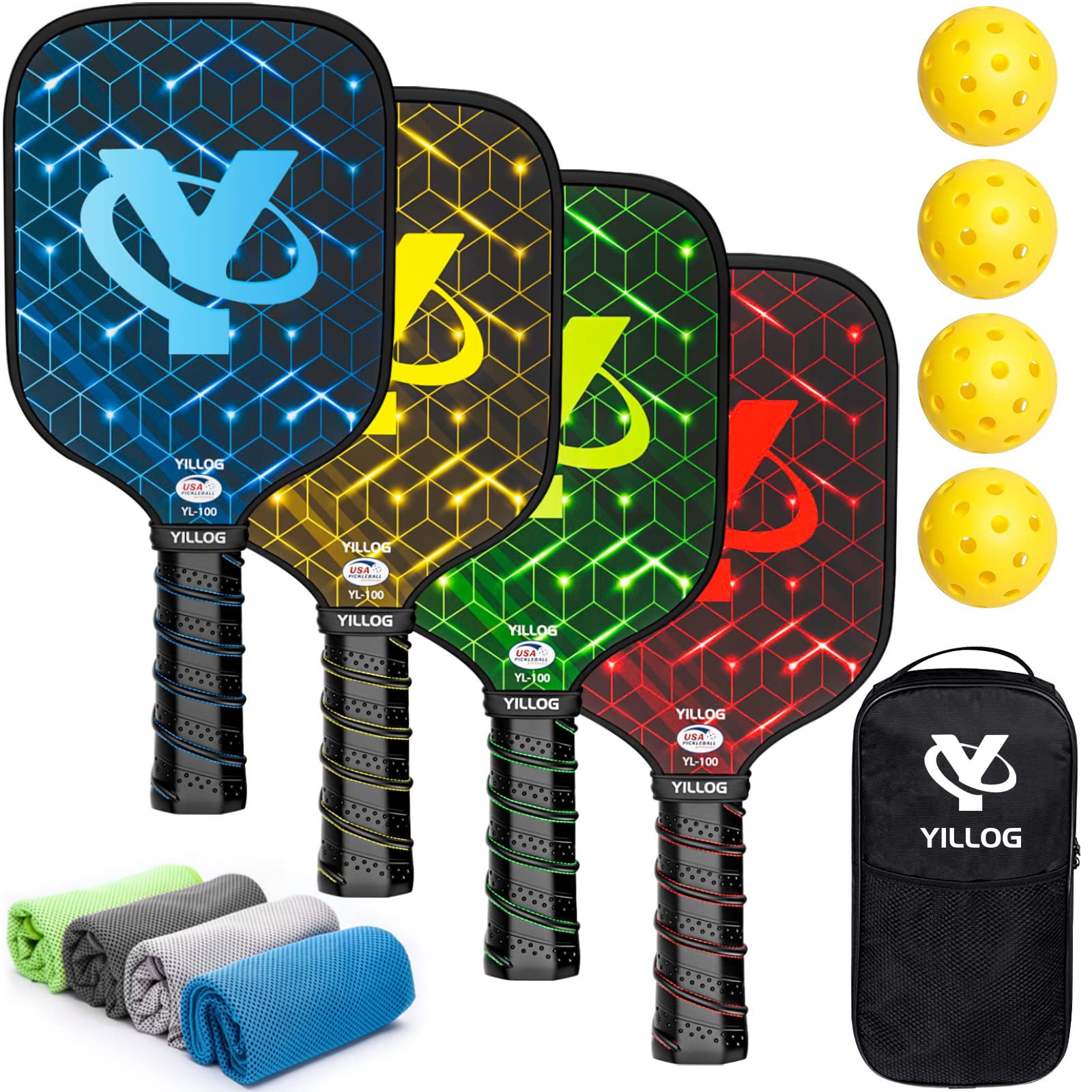 YILLOG Pickleball Paddles, USAPA Approved Pickleball Paddle Set of 4, Fiberglass Surface Pickleball Set, 4 Pickleball Balls, 4 Cooling Towels, Pickleball Bag, Pickle ball Paddle for Men Women