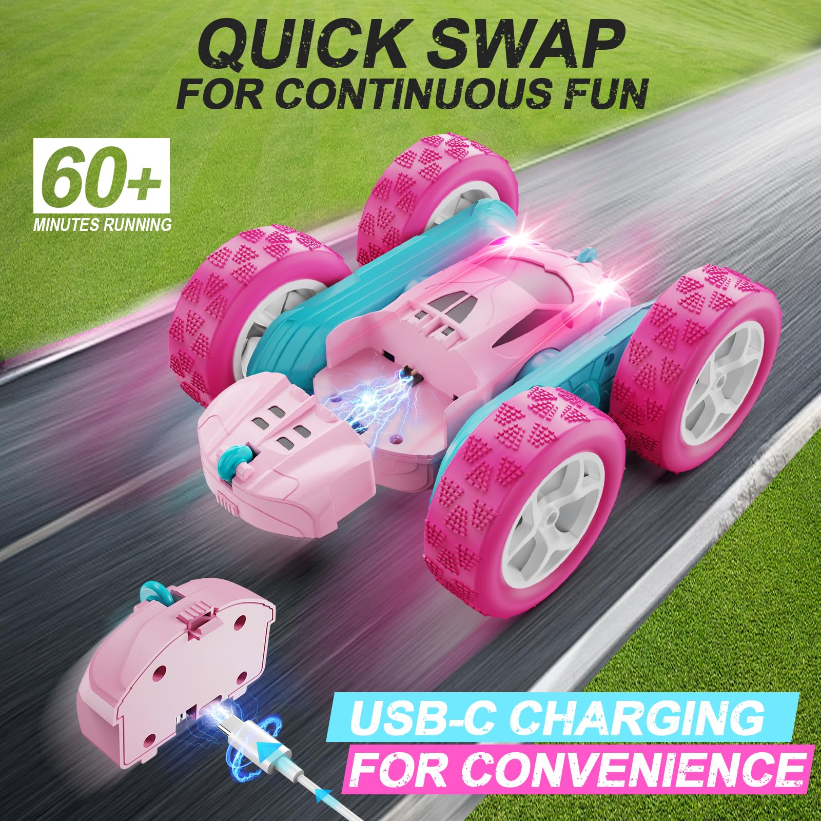 QUNREDA RC Cars, Pink Remote Control Car for Girls, 2.4 GHZ Double Sided RC Stunt Car 360° Rotating Remote Control Crawler with Headlights Car Toys for 6 7 8 9 10 11 12 Girls Birthday