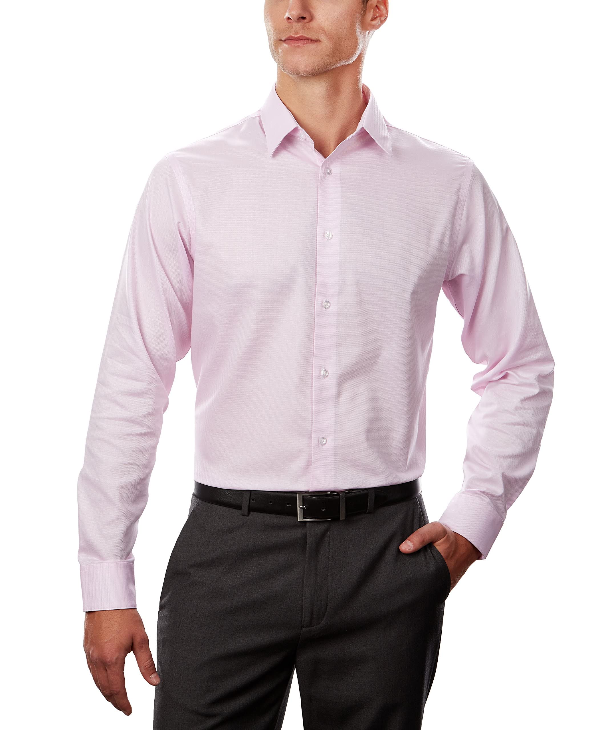 Calvin Klein Men's Dress Shirt Regular Fit Non Iron Stretch Solid, Pink, 17" Neck 34"-35" Sleeve