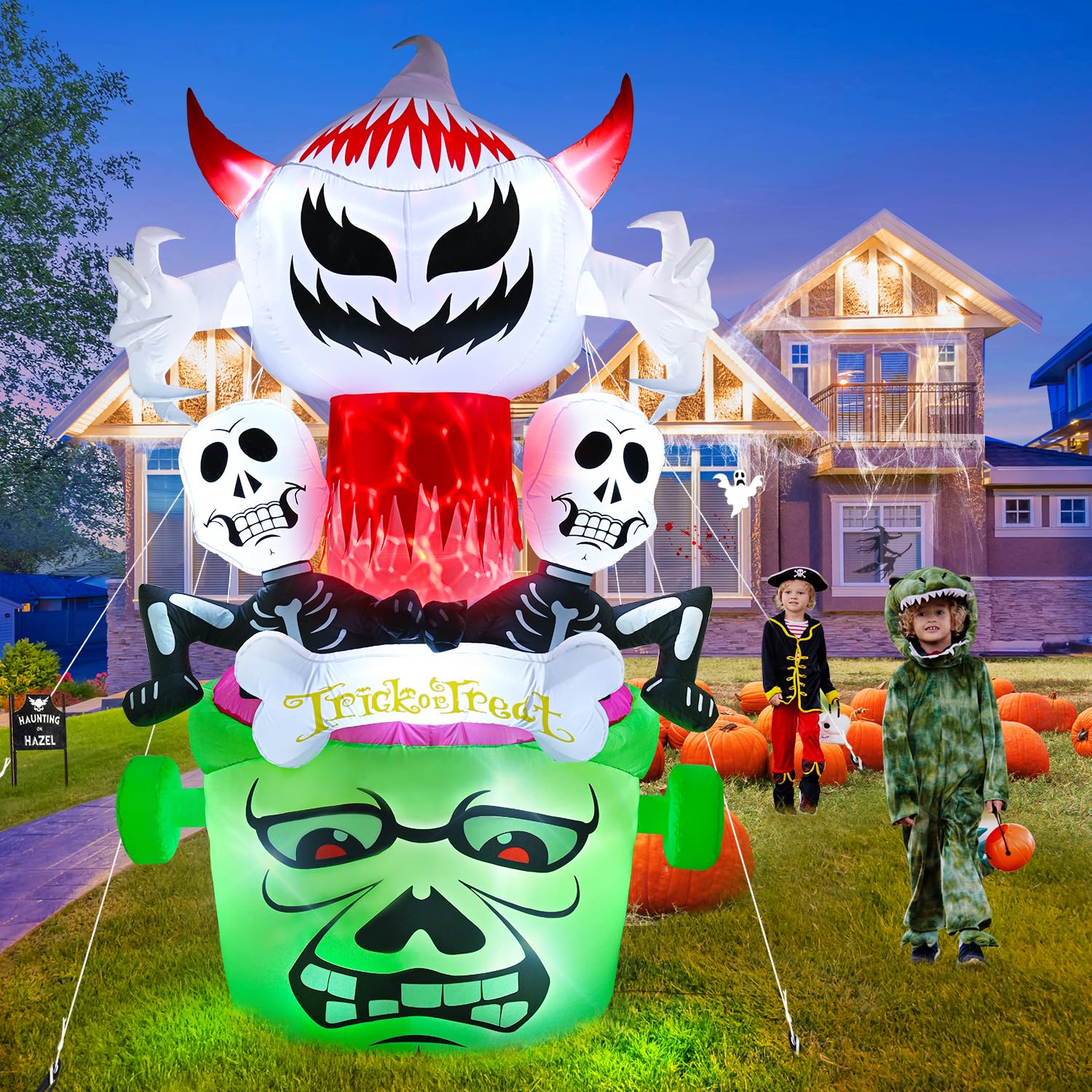 Yumatum 8 FT Halloween Inflatables Outdoor Decorations, Built-in Flame Flashing Light Ghost Dual Skull Frankenstein, Halloween Blow Ups for Yard Garden Lawn Patio Indoor Family Party