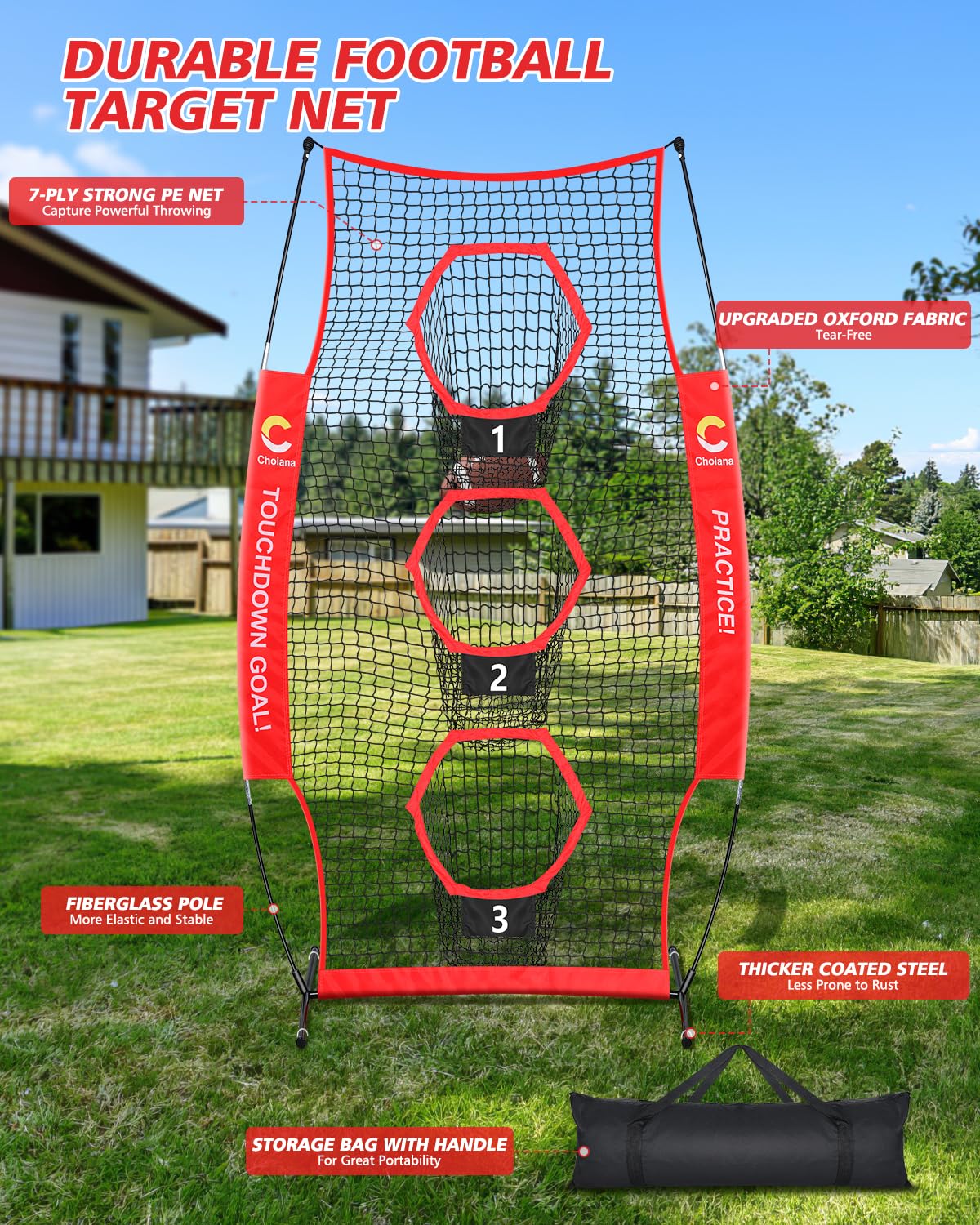 Choiana Football Net, 8 x 4ft Football Throwing Target Net Trainer w/ 3 Pockets, Practice Net Quarterback Training Equipment for Throw Accuracy Improving w/Carry Bag, Ground Stake for Backyard Kids