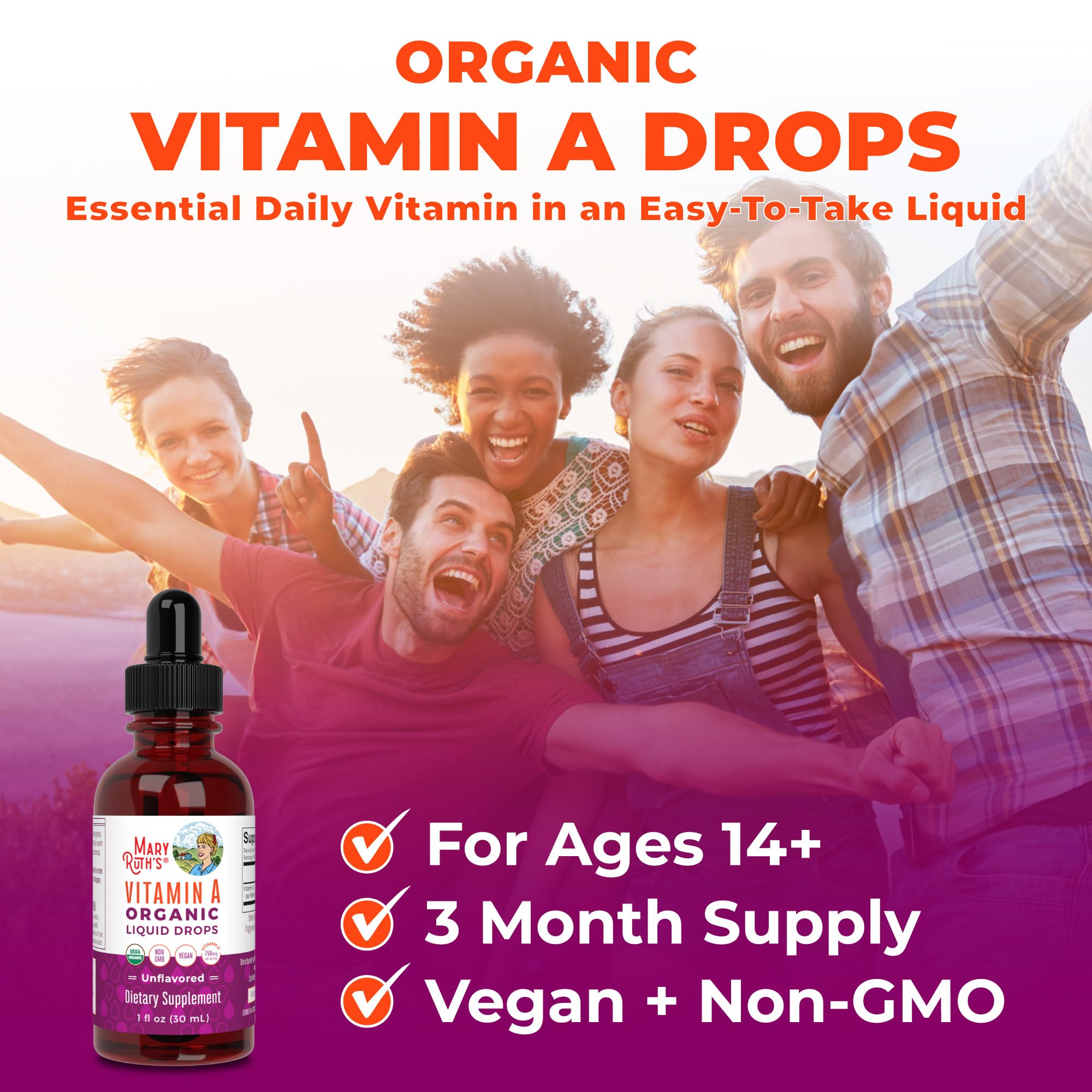 MaryRuth Organics USDA Organic Vitamin A Liquid Drops | 3 Month Supply | Immune Support, Eye Health, Skin Health for Ages 14+ | 750mcg per Serving | Sugar Free | Vegan | Non-GMO | Gluten Free | 1oz