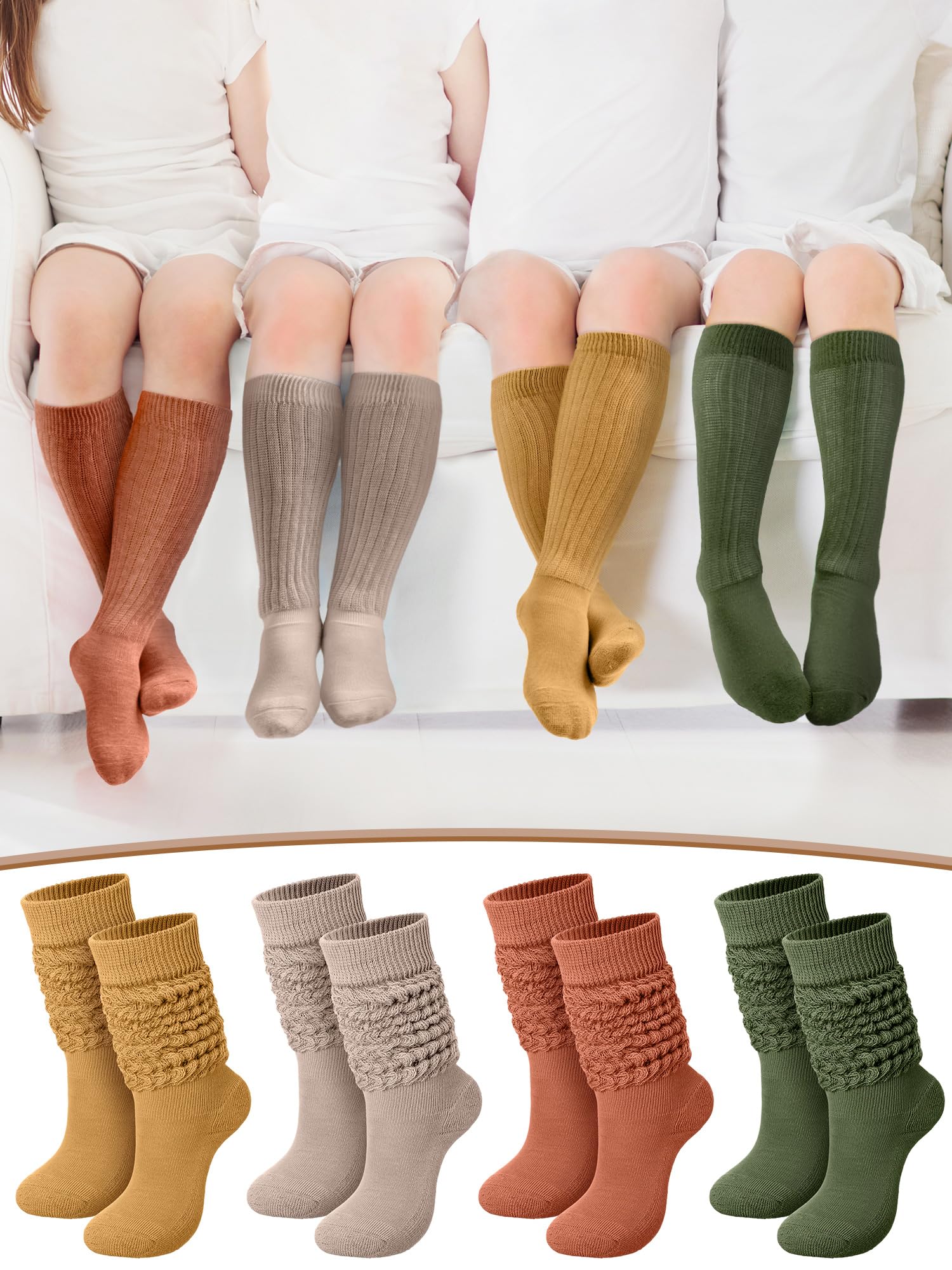 Janmercy 4 Pairs Slouch Socks for Women Bulk Stacked Socks Boot Socks 80s 90s Neon Slouch Socks Knit Scrunchie Socks(Medium,Rustic Color)