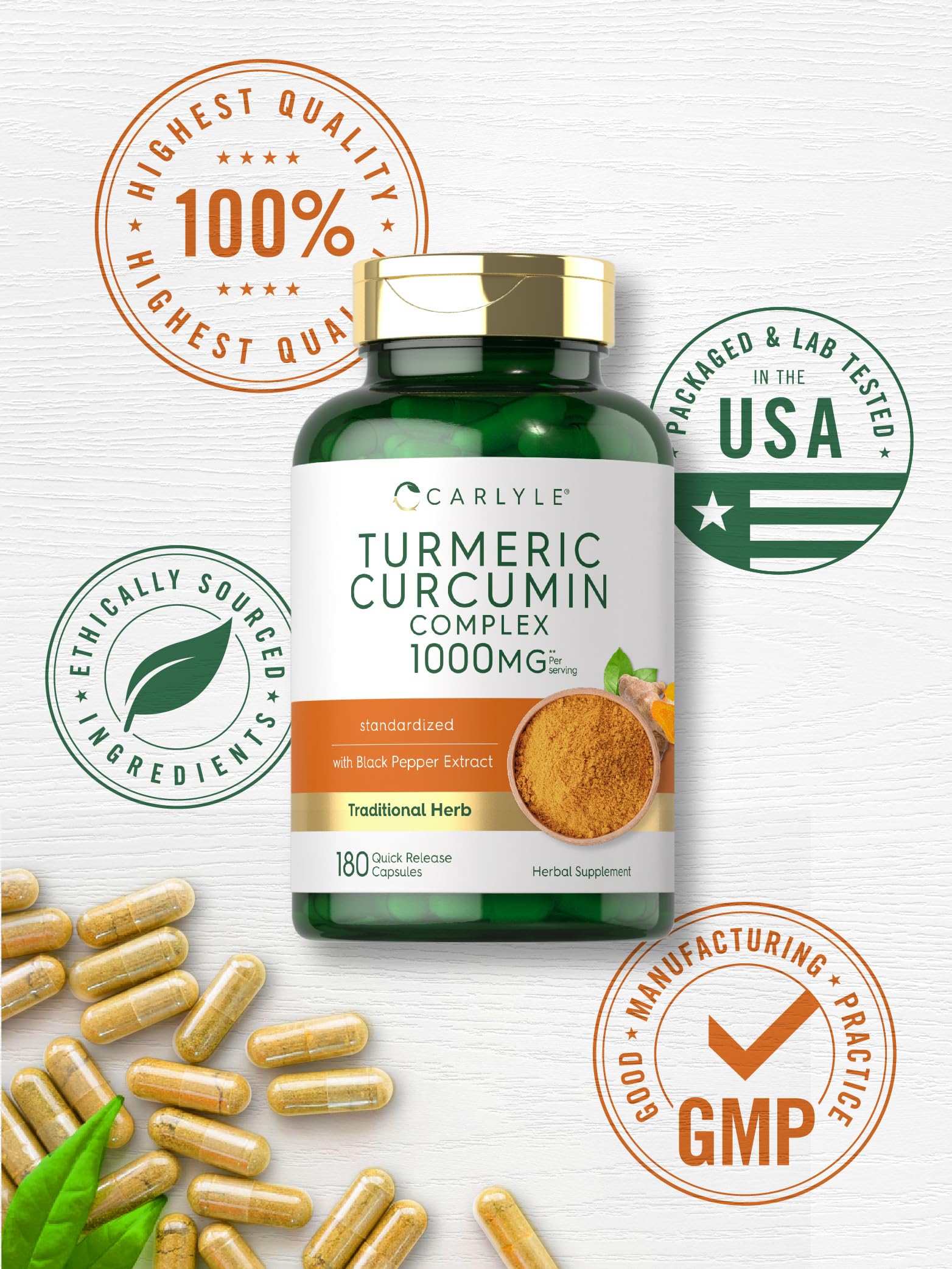 Carlyle Turmeric Curcumin with Black Pepper 1000mg | 180 Capsules | Turmeric Complex Supplement | Non-GMO, Gluten Free