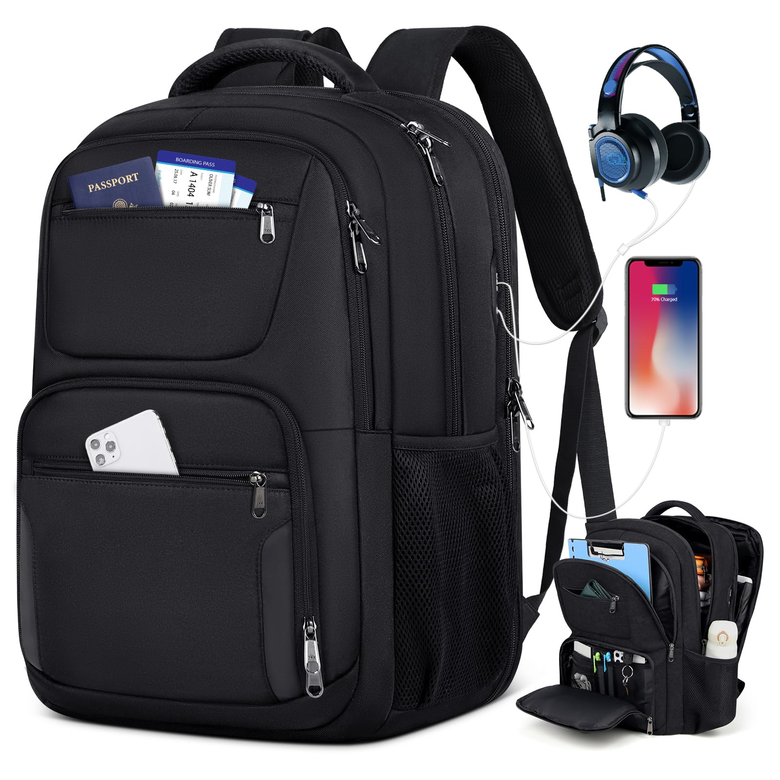 Travel Laptop Backpack, 17 Inch Extra Large Laptop Backpack with USB Charging Hole 45L Anti Theft Travel Backpack Water Resistant College Business Computer Bag Fit 17.3 Inch Laptop for Men Women Black