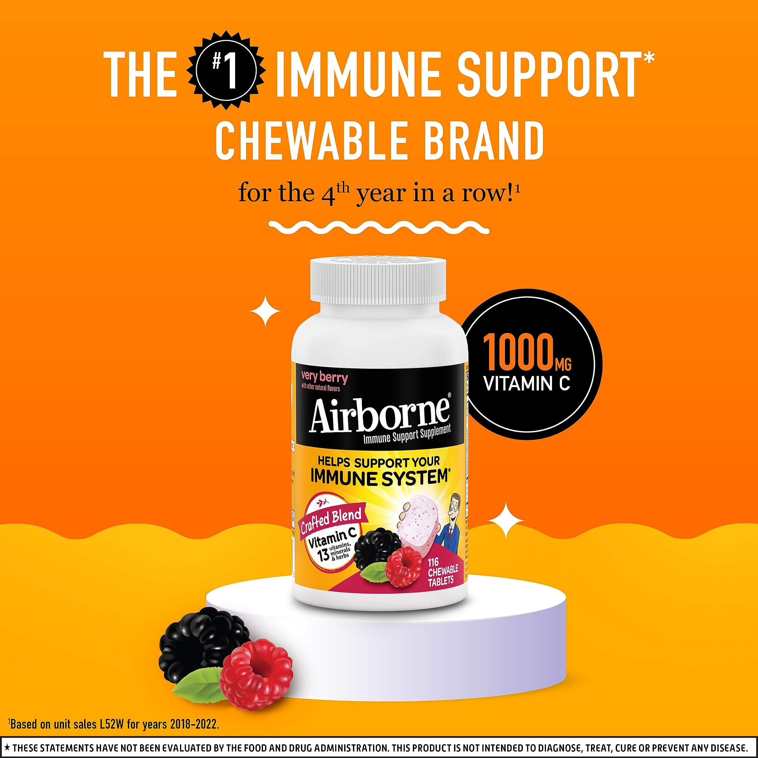 Airborne 1000mg Vitamin C with Zinc, Immune Support Supplement with Powerful Antioxidants Vitamins A C & E - 116 Chewable Tablets, Very Berry Flavor