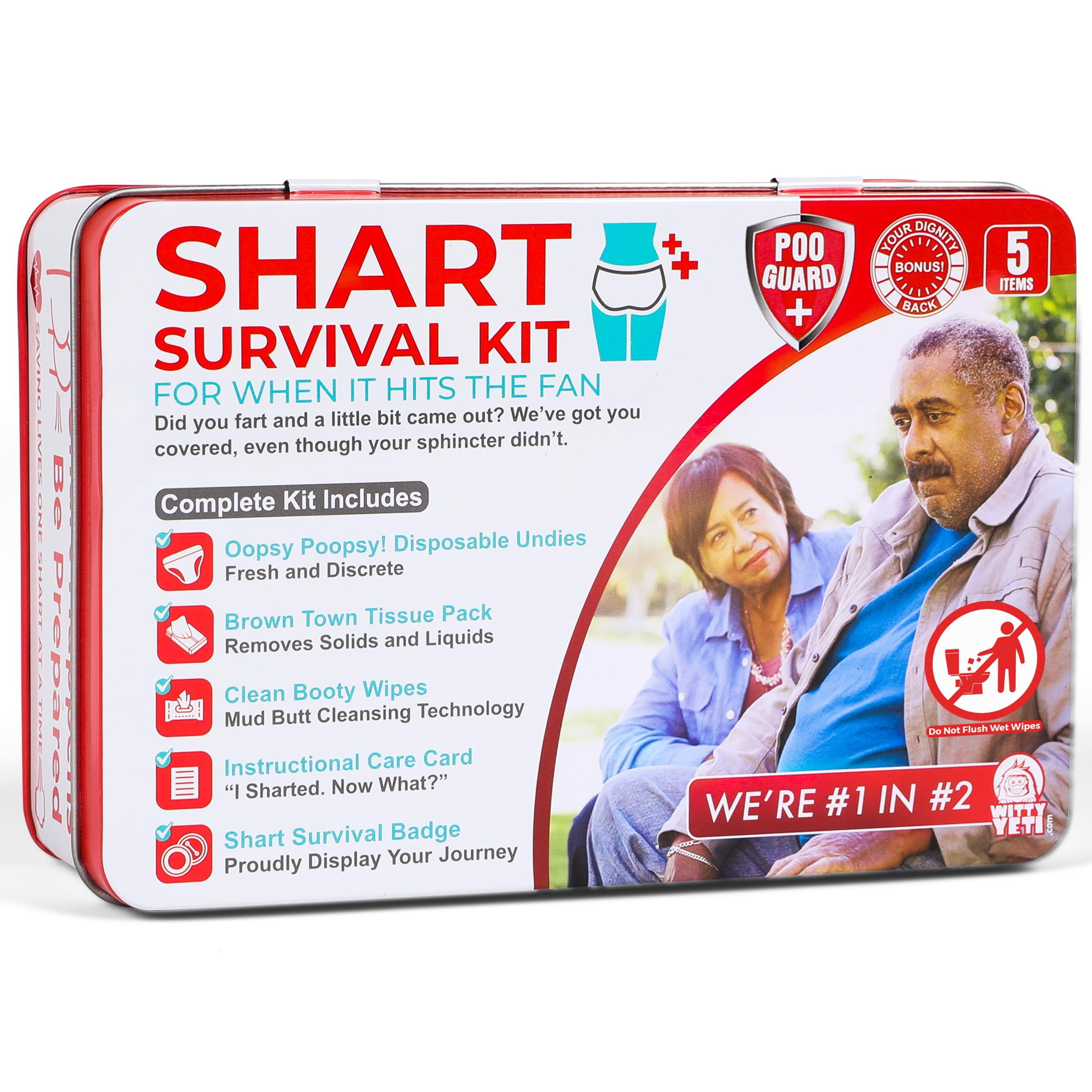 Funny Shart Survival Kit by Witty Yeti. Ultimate Poop Prank Gag Gift Set Contains Wet Wipes, Disposable Underwear, Tissues and Hilarious Badge. Novelty Fart Potty Pack Great for Friends or Family