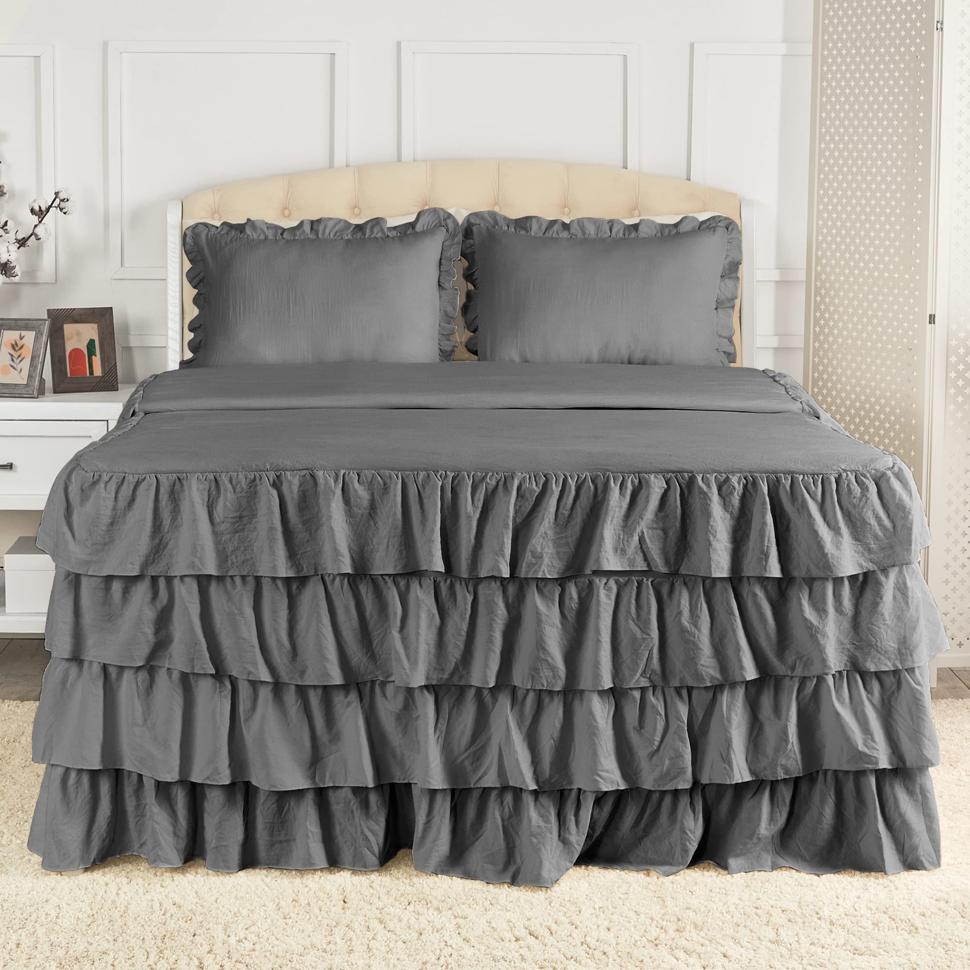 Mellanni Multi-Ruffled Bedspread Twin Set - 2-Pieces: Ruffle Bedspread & 1 Sham - 30" Drop Ruffle Bedskirt for Total Coverage - Ultra-Soft Bedding (Twin, Gray)