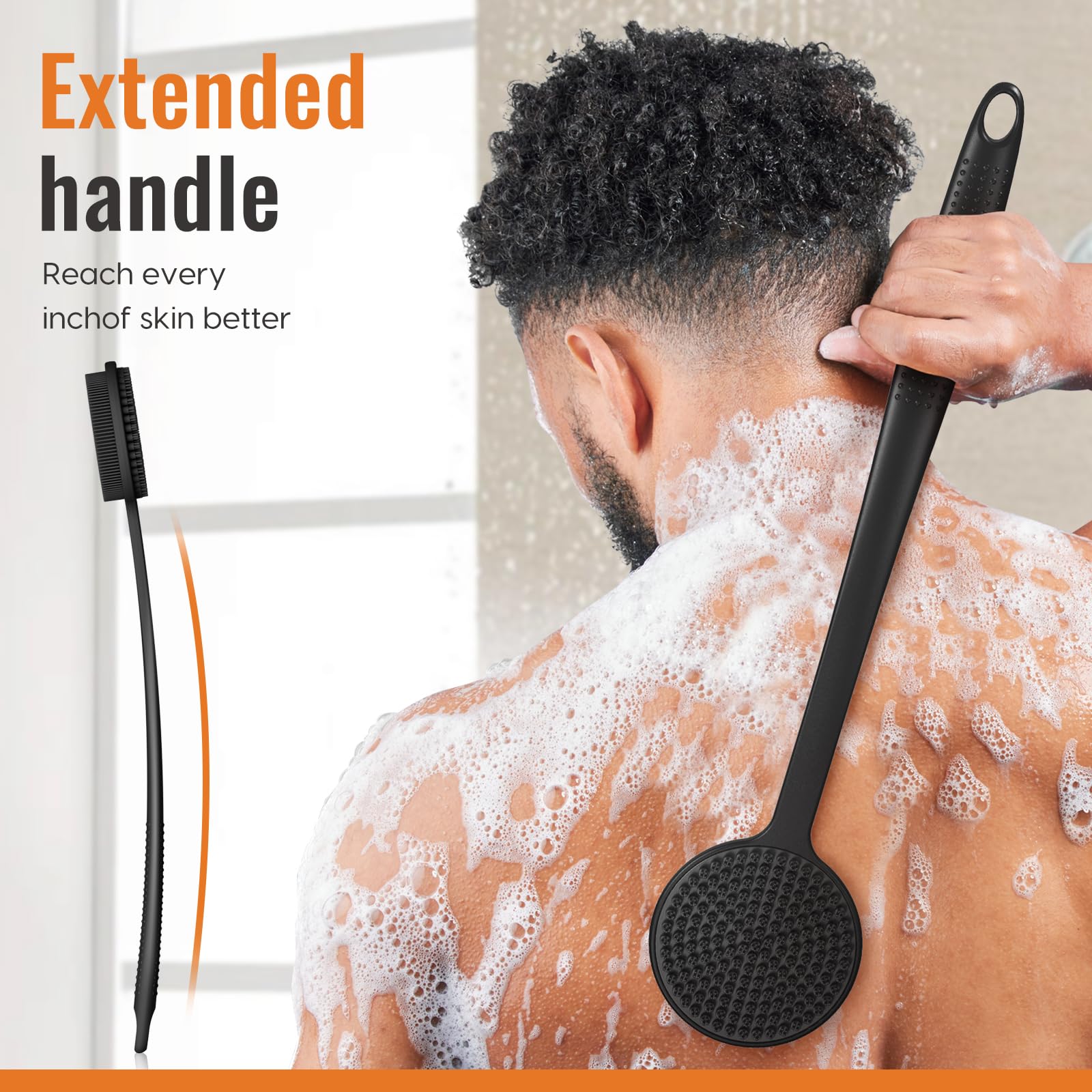 VWMYQ Silicone Back Scrubber for Shower, 17in Lengthen Long Handle Body Brush, Double Sided Shower Brush for Shower Exfoliating and Massage Can Produce Rich Foam, Long Handle Back Scrubber for Men