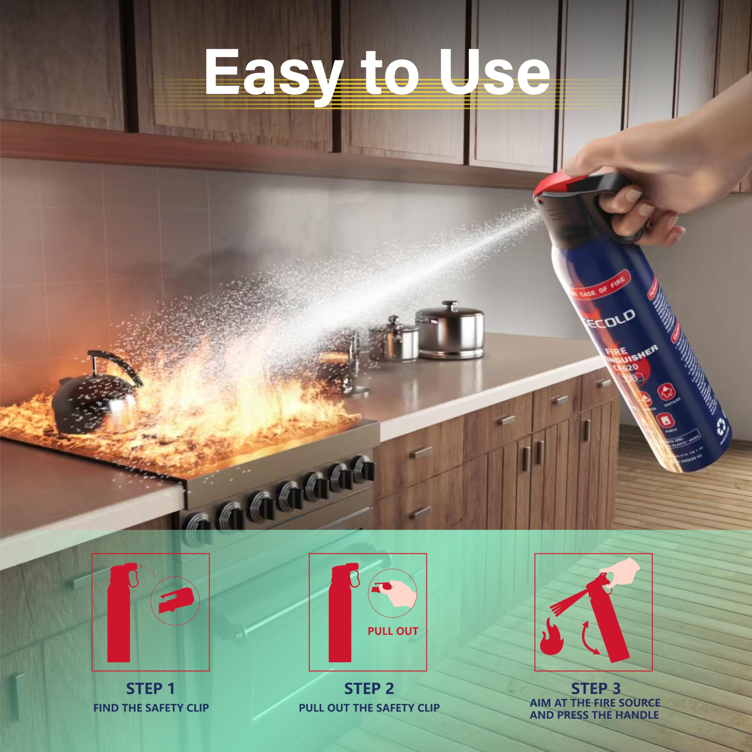 Fire Extinguisher for Home,Mini 5-in-1 Fire Spray With Mount,Water-Based Fire Extinguishers,Can Prevent Re-lgnition,Portable & Easy to Use,Suitable for Car,Boat,Kitchen,Garage-(620ml) (1 Pack)