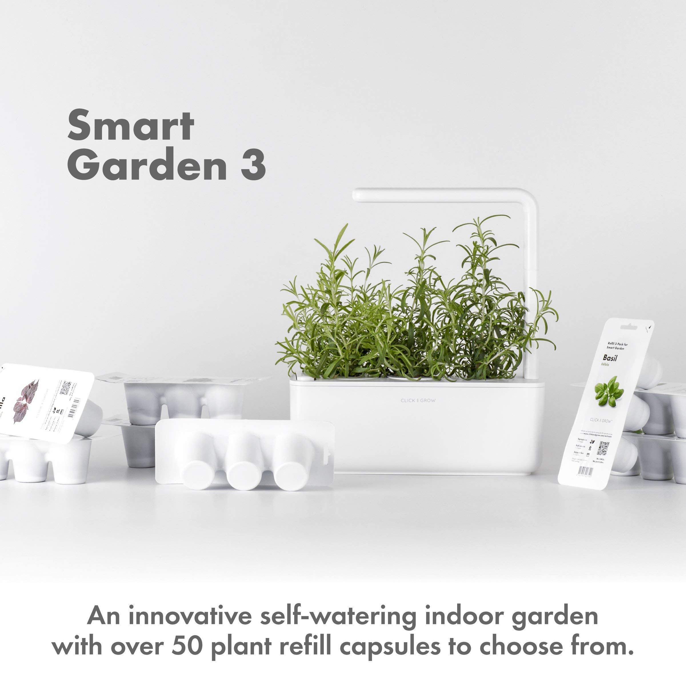 Click & Grow Smart Garden, 3 Pods Indoor Herb Growing System (3 Basil Pods Included)| Easier Than Hydroponics Growing System, Automatic Nutrients, Watering and Grow Light, Noise-free Technology, Beige