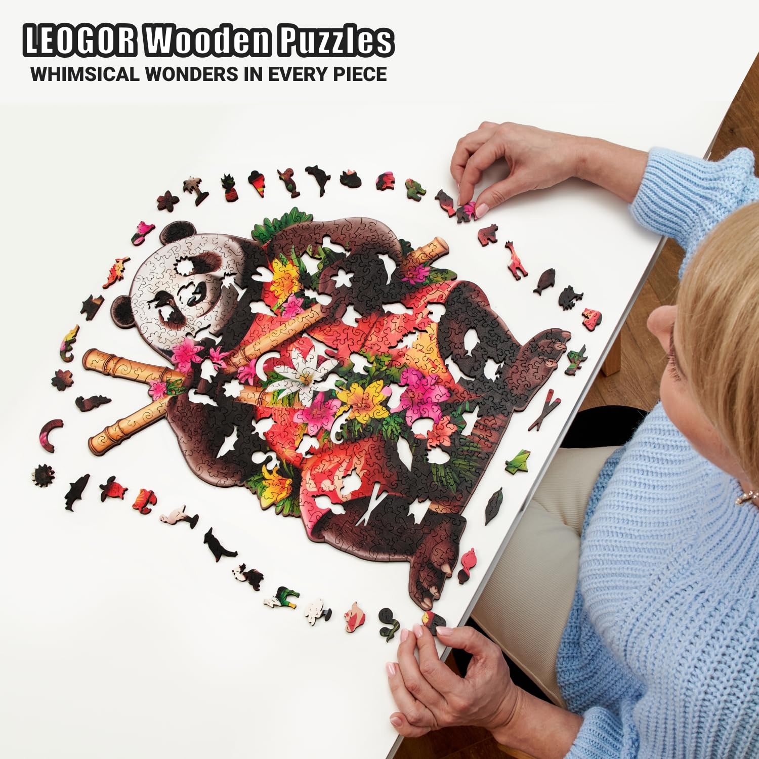 LEOGOR Large Wooden Puzzles for Adults - Tropical Panda Paradise - (350 Piece, 14.4"x17.1") - Colorful Mosaic of Animal Shaped and Nature Inspired Wood Whimsy Jigsaws