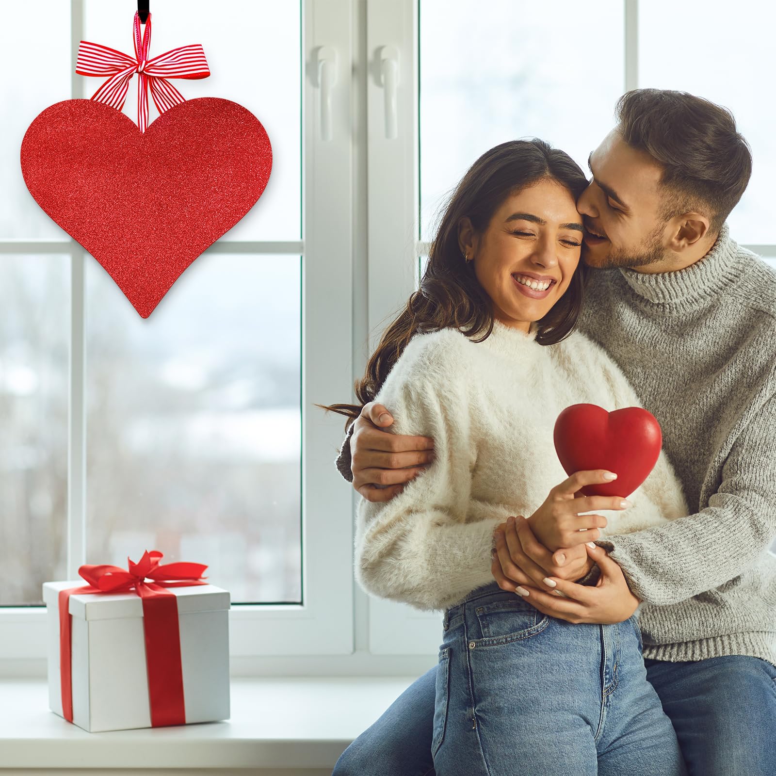 AKEROCK Valentines Day Decorations, Red Glittery Heart Shaped Wooden Hanging Sign for Valentines Decorations, Valentines Day Decor for The Home, Wall, Door Hanger