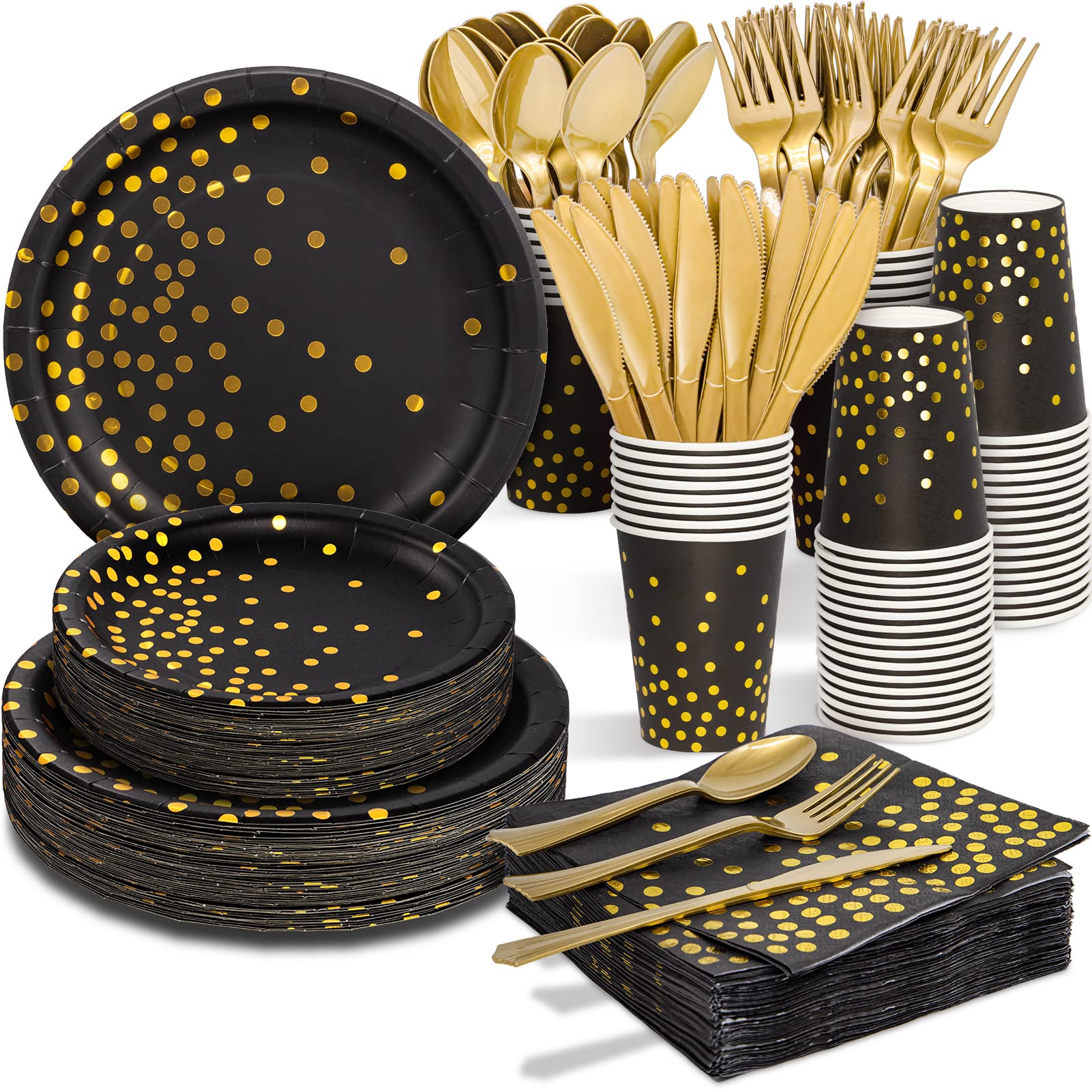 Black and Gold Party Supplies, 350PCS Disposable Dinnerware Set w/Black Paper Plates Napkin Cups Plastic Forks Knives Spoon for Women Men Birthday Christmas Retirement New Year Eve 2025 Decorations