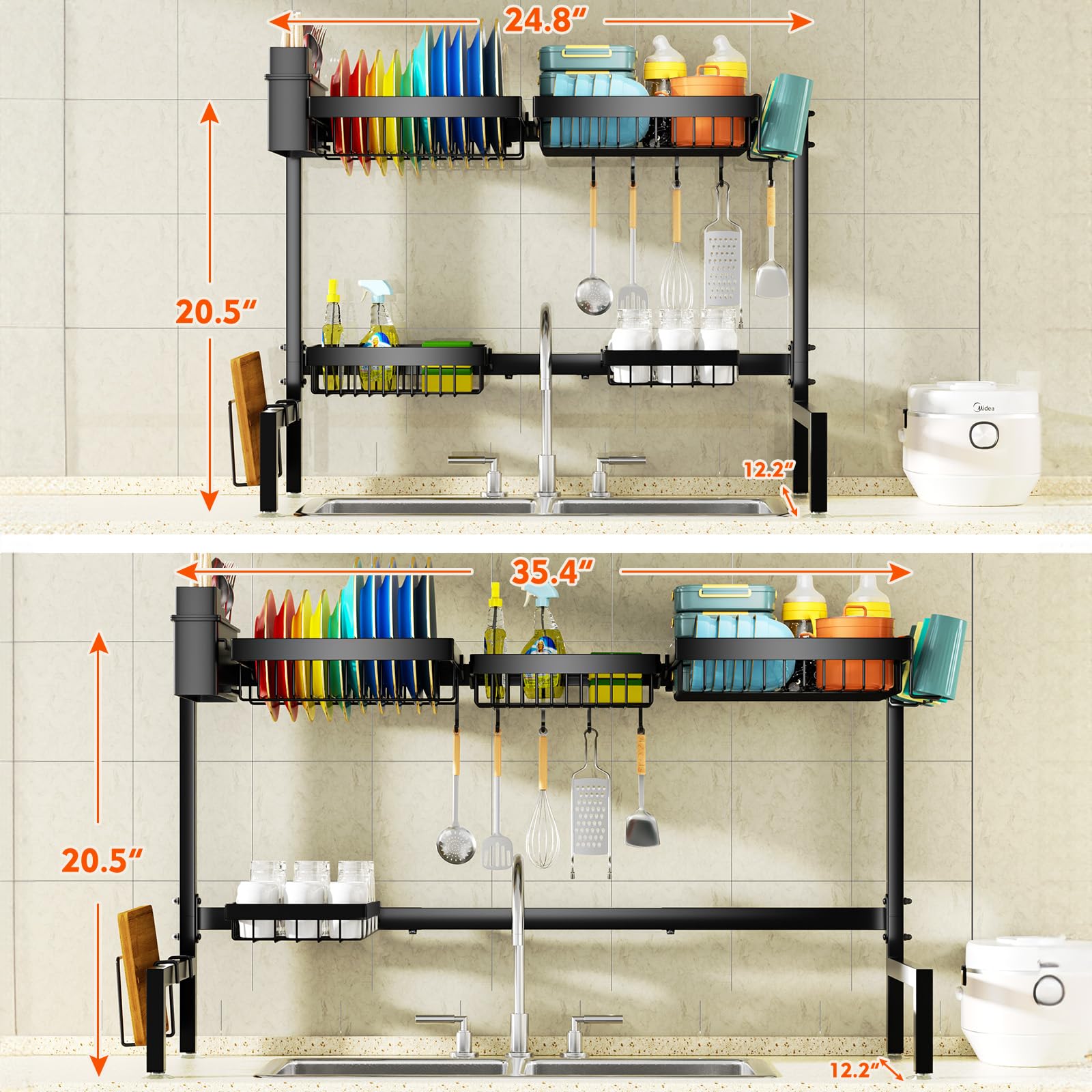 YKLSLH 4 Baskets Over The Sink Dish Drying Rack, Extendable Large Capacity Sink Rack, Metal Drying Rack Saving Space,for Most Sinks (24.8 "-35.4")