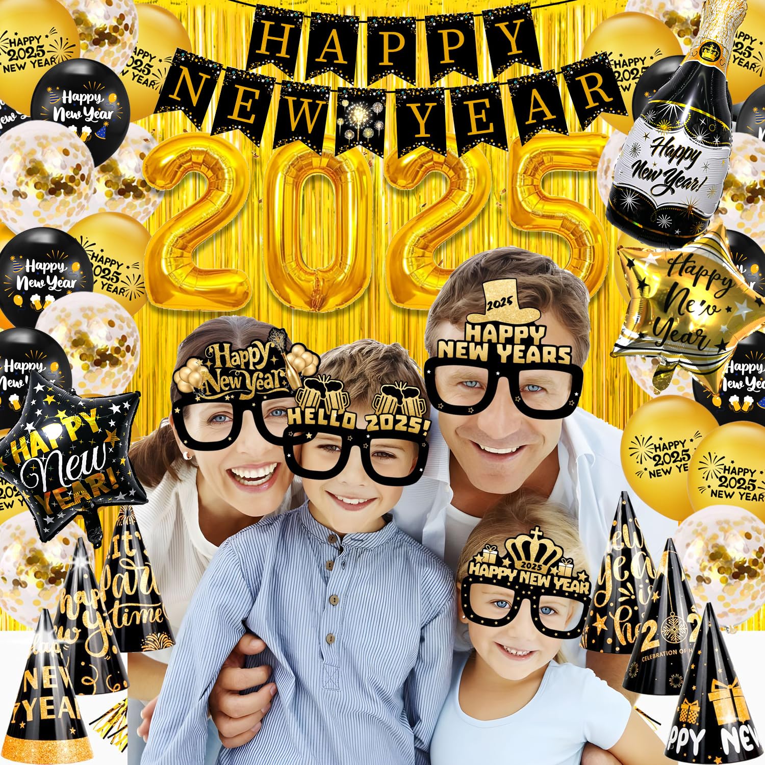 New Years Eve Party Supplies 2025 Including 2025 Foil Balloons,Happy New Year Banner, Balloons Set, Hat and Party Glasses for 2025 Happy New Year Decoration