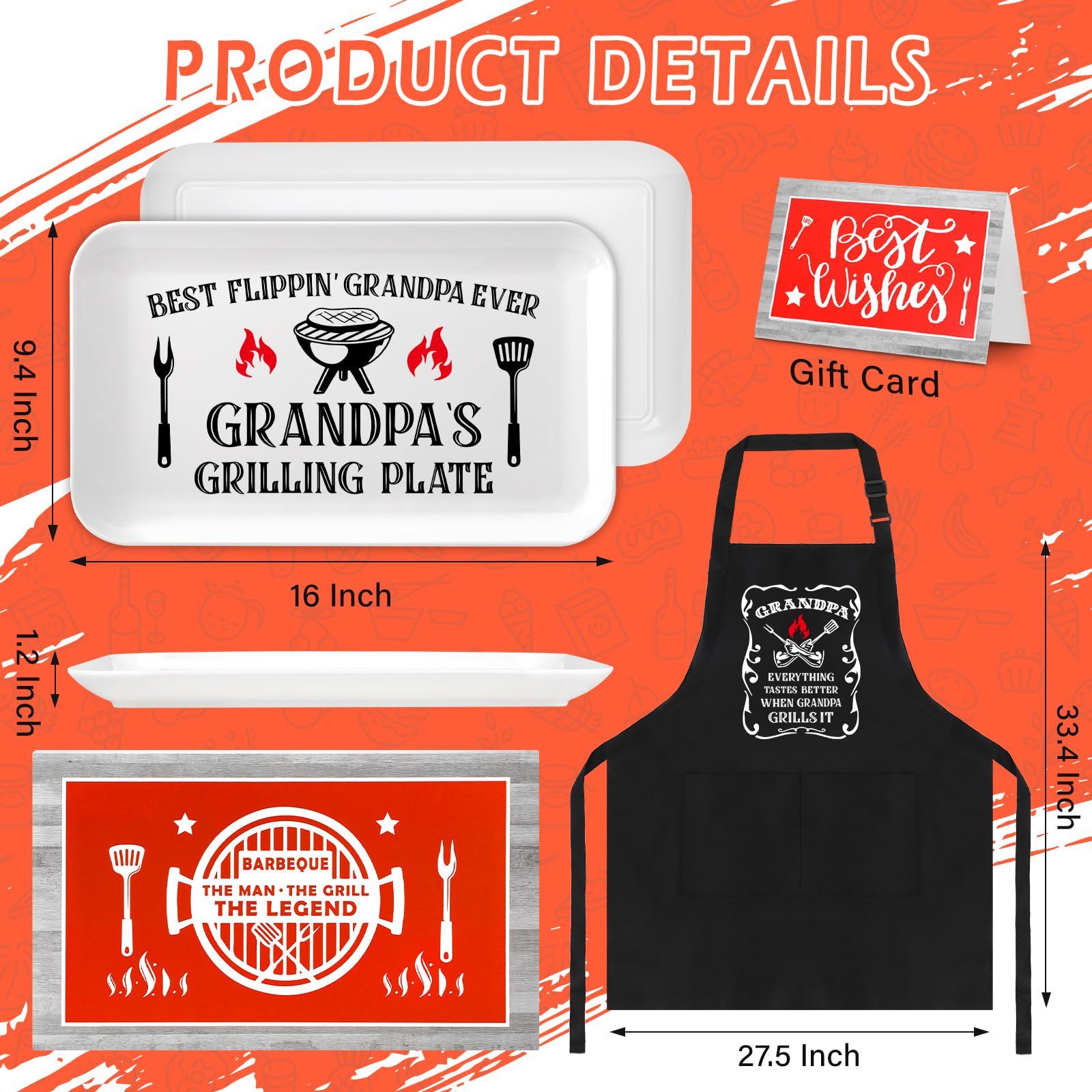 Gifts for Grandpa, Grandpa Birthday Gifts Personalized Grilling Platter Apron Gift for Grandpa from Grandkids, Great Grandpa Christmas Gift Fathers Day Funny Grandpa Grilling Plate BBQ Serving Tray