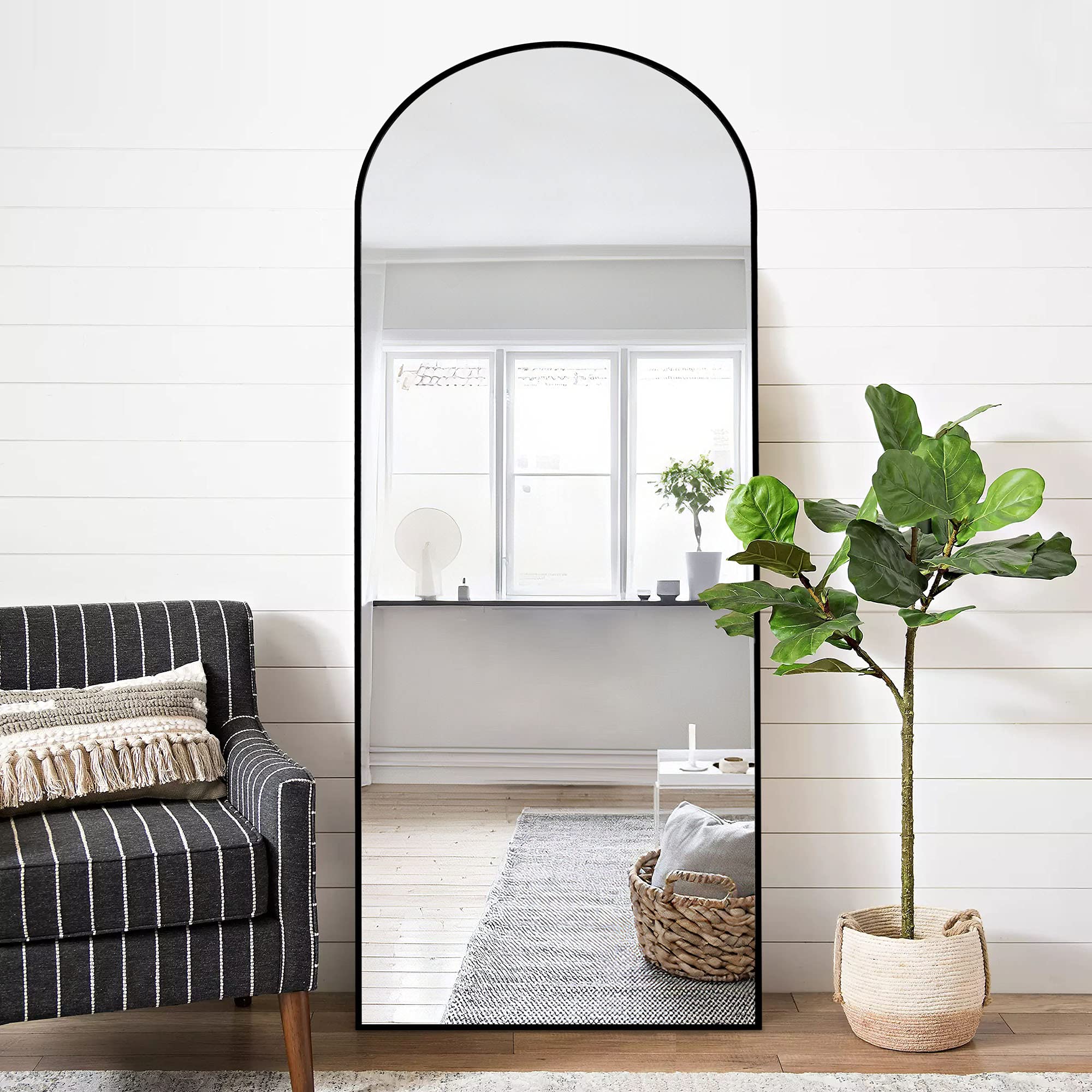 NeuType Arched Full Length Mirror Standing Hanging or Leaning Against Wall, Oversized Large Bedroom Mirror Floor Mirror Dressing Mirror, Aluminum Alloy Thin Frame, Black, 71"x28"