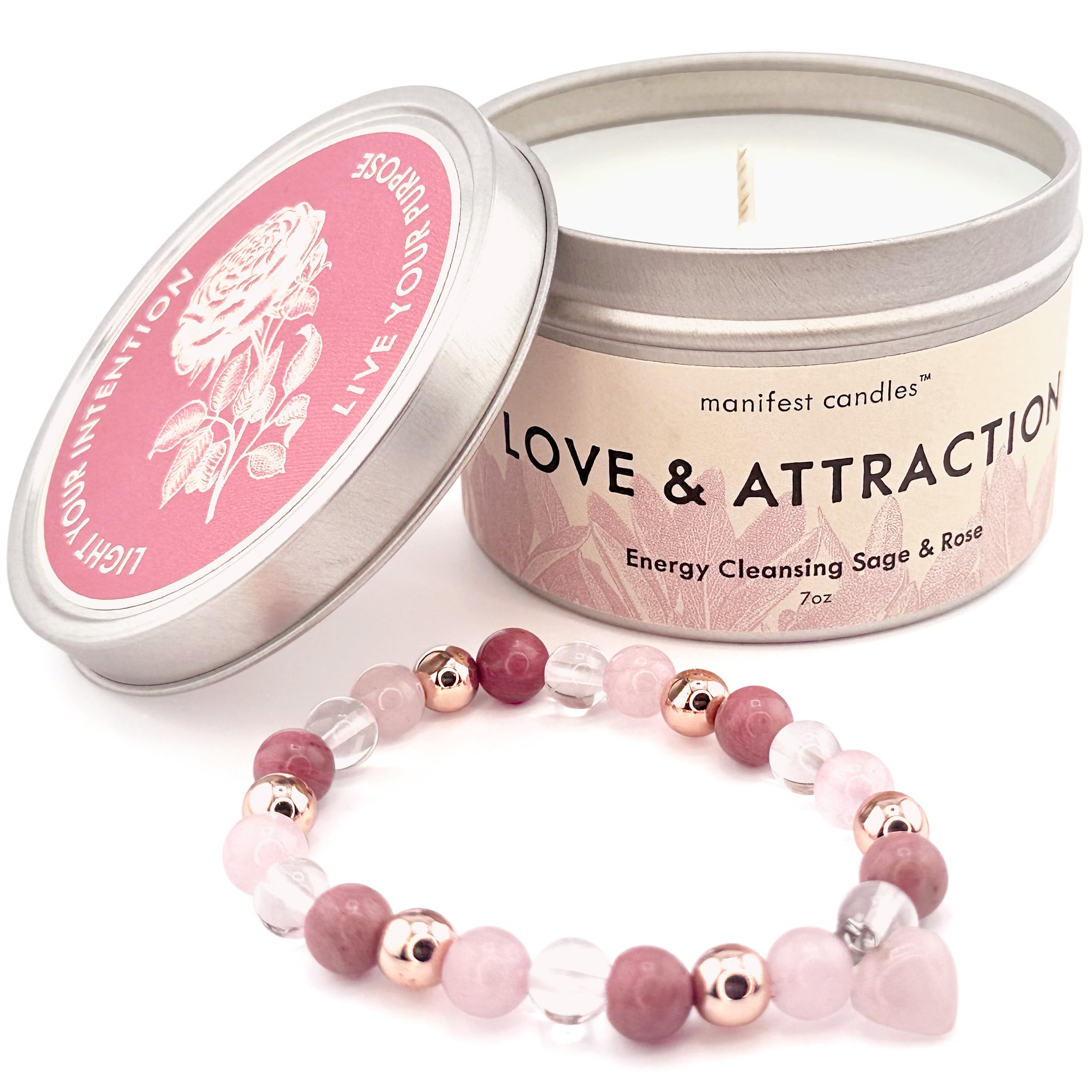 Manifest Candles 7oz Love Candle to Attract Love - Rose & Sage Scented - Love Attraction & Manifestation - Spiritual Meditation Candle with Manifestation Love Crystals Bracelets for Women