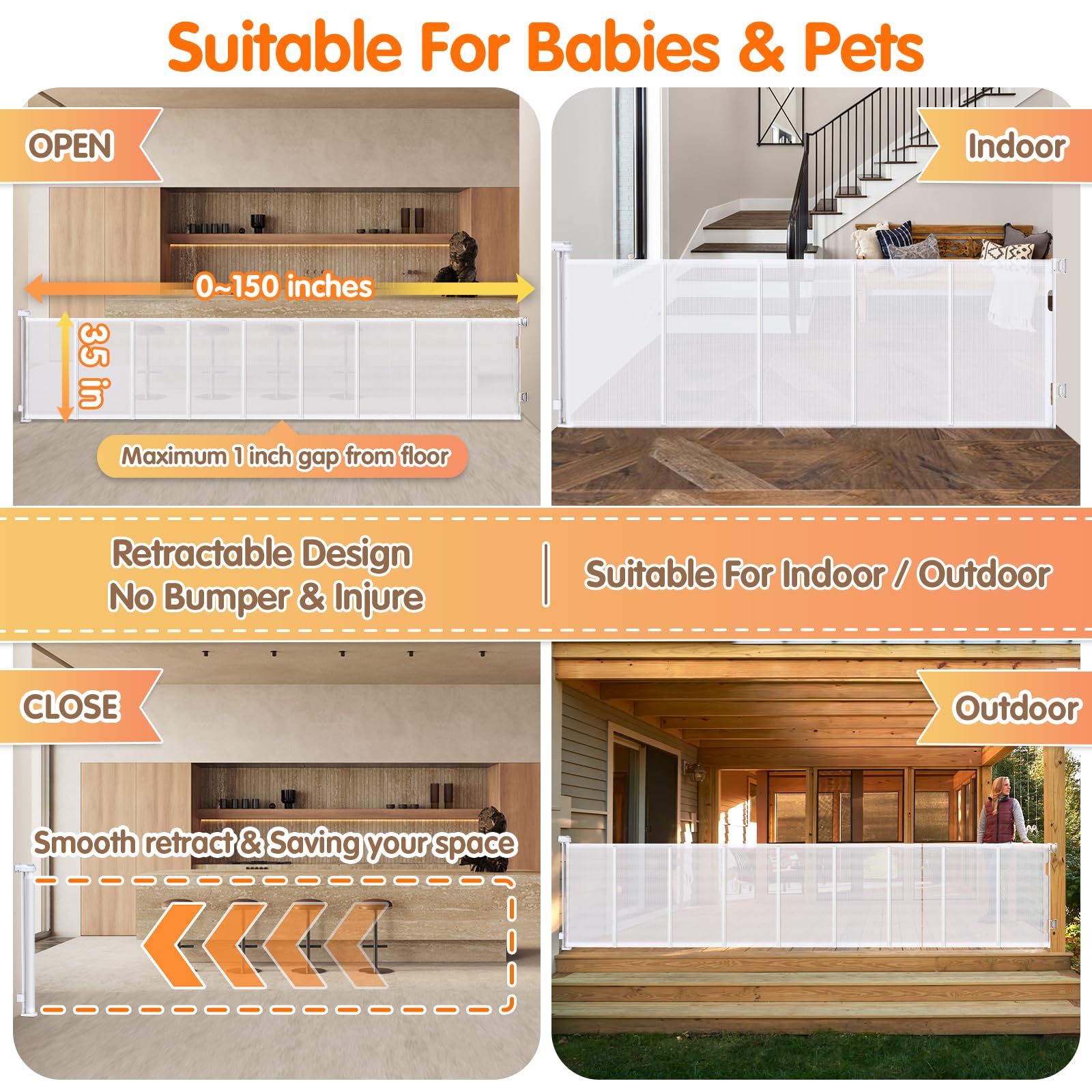 Retractable Baby Gates Extra Wide 150", Retractable Baby Gate Security Upgrade 33" Tall for Large Opening Outdoor Mesh Baby Gate for Doorways Extra Long Dog Gate Retractable for Stairs, Hallways,etc