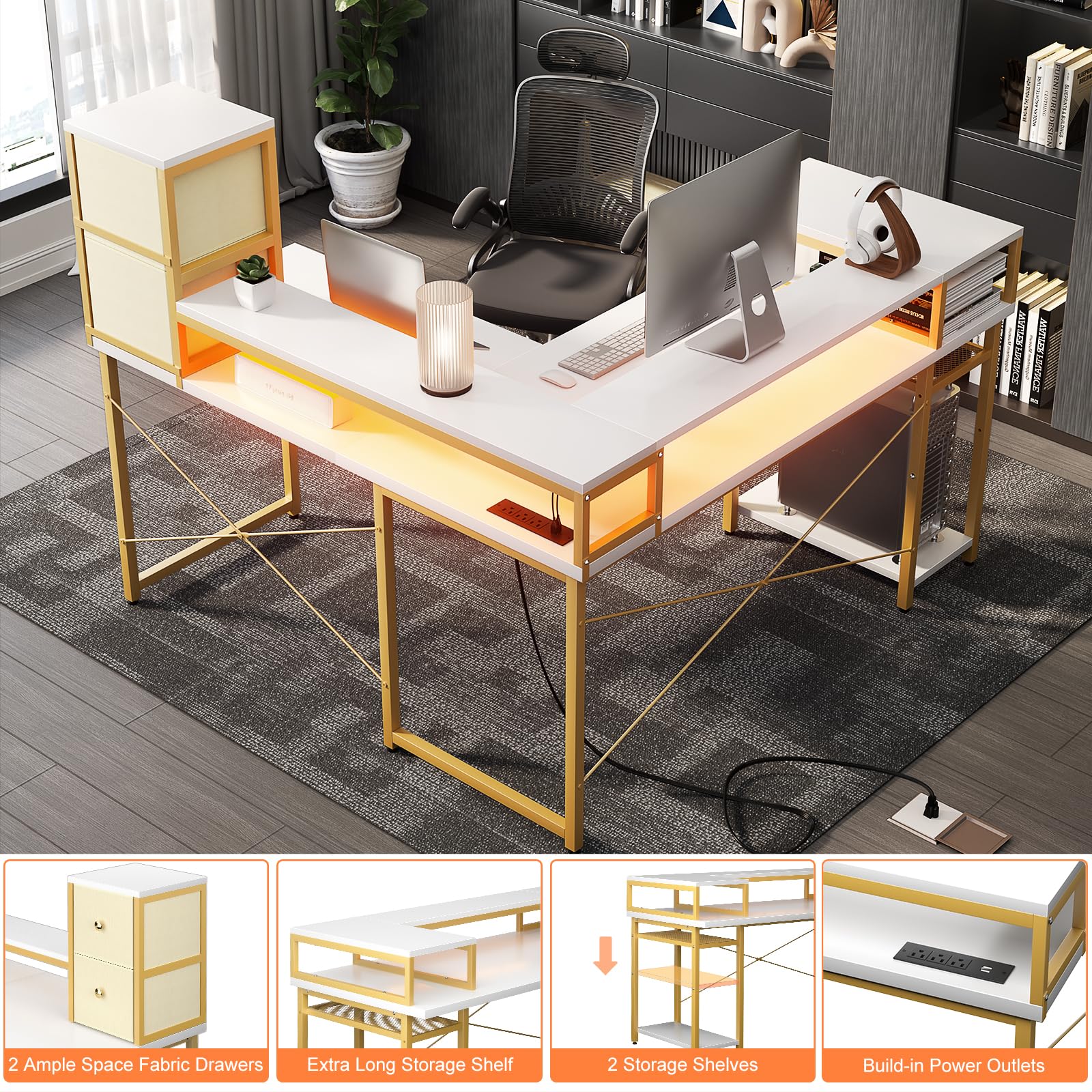 armocity L Shaped Desk with Drawers, Reversible Corner Computer Desk with LED Light & Power Outlet, 55.2'' L-Shaped Gaming Desk with Long Monitor Shelf, Home Office Desk for Small Corner Space, White