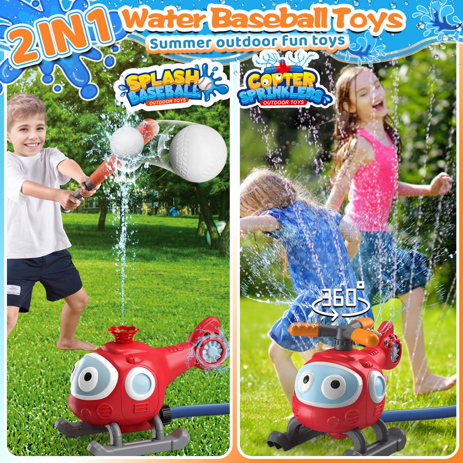 CozyJoyz Water Sprinkler Baseball Toy for Kids, 2 in 1 Helicopter Water Sprinkler T Ball Set with 2 Spray Modes, Summer Outdoor Water Spray Toys for Toddlers Yard, Ages 3+