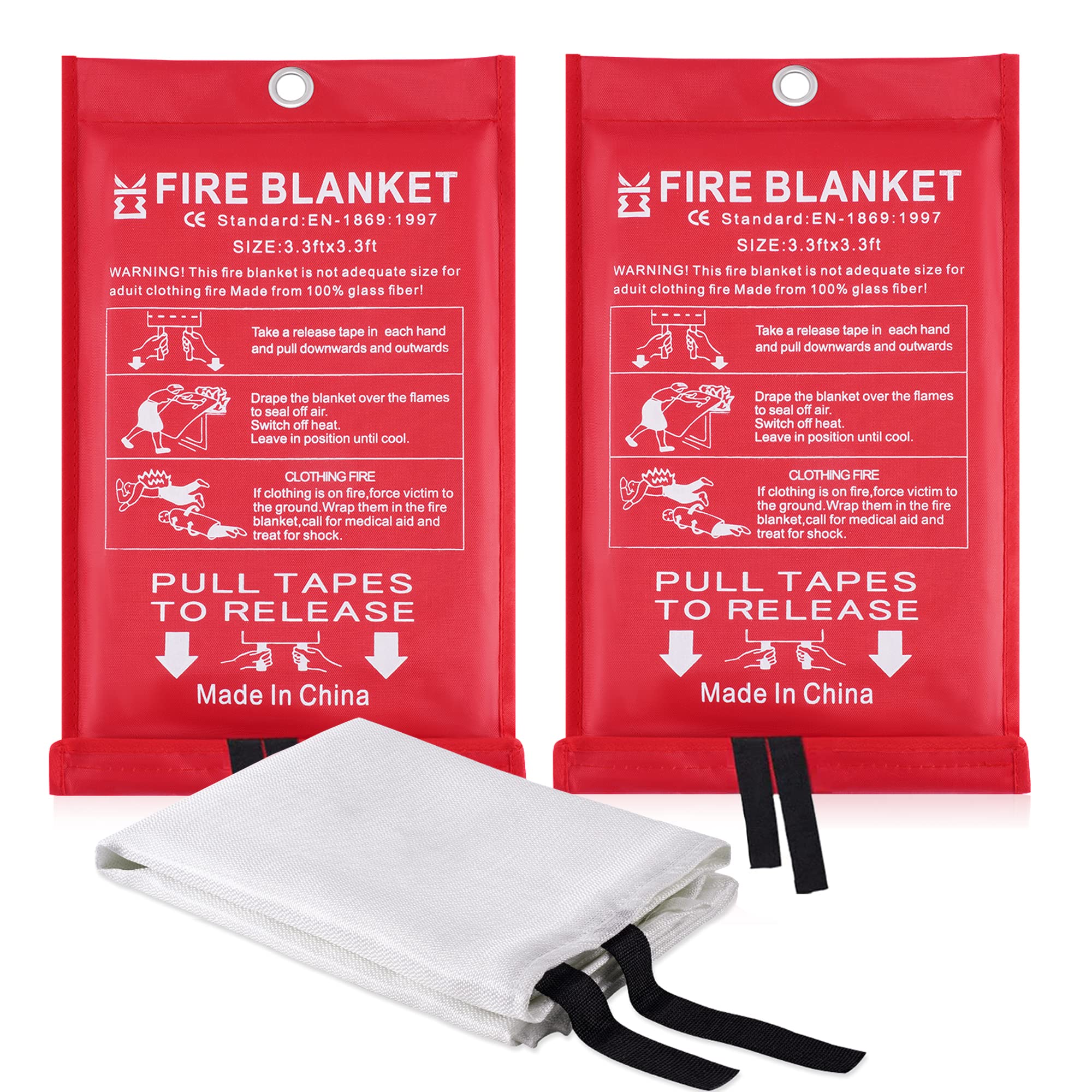 Ajiaguo Fire Blanket for Home Emergency Survival – Fiberglass Suspend Fire Flames Suspension Blankets for Home and Kitchen School Grill Garage House Warehouse Safety (2 White Fire Blankets)