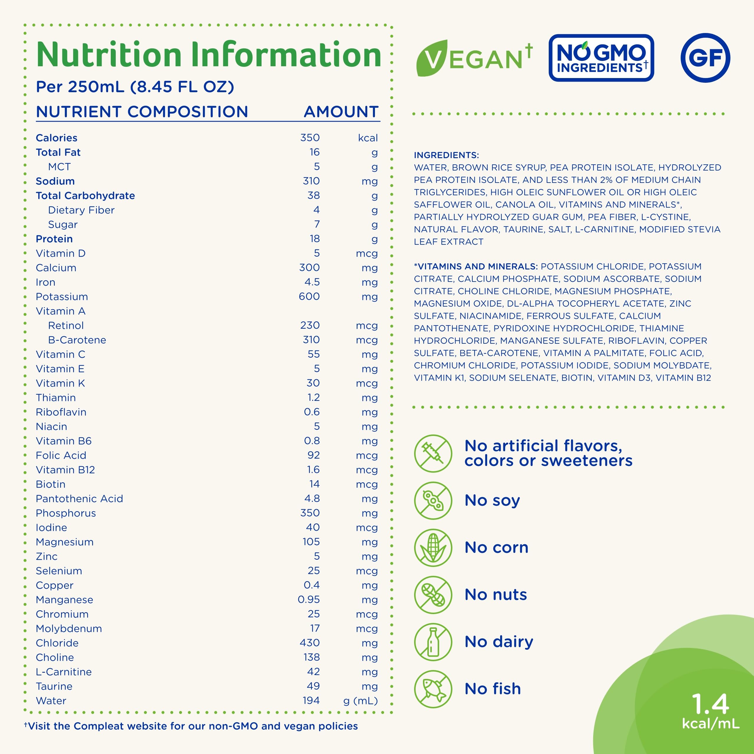 Compleat Standard 1.4 Plant-Based Vanilla Nutrition Shake - 18g Protein, 29 Vitamins & Minerals - Vegan Tube Feeding Formula - 8.45 Fl Oz (Pack of 12)